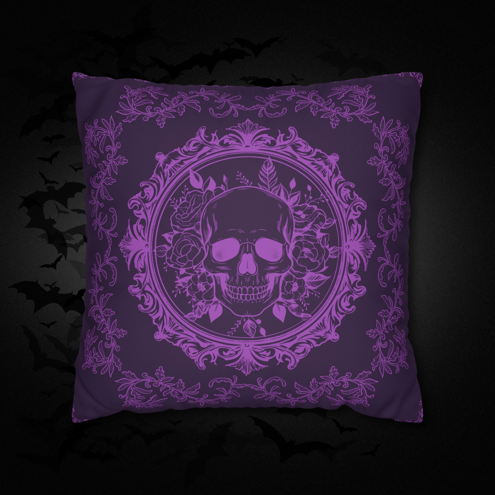 Purple Gothic Floral Skull Throw Pillow — Baroque Botanical Dark Home Decor