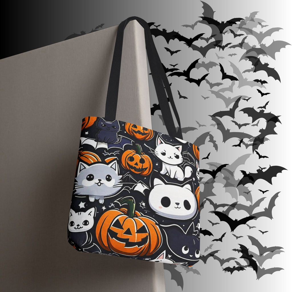 Kawaii Halloween Cat & Pumpkin Tote Bag — Spooky Multi-Cat Pattern