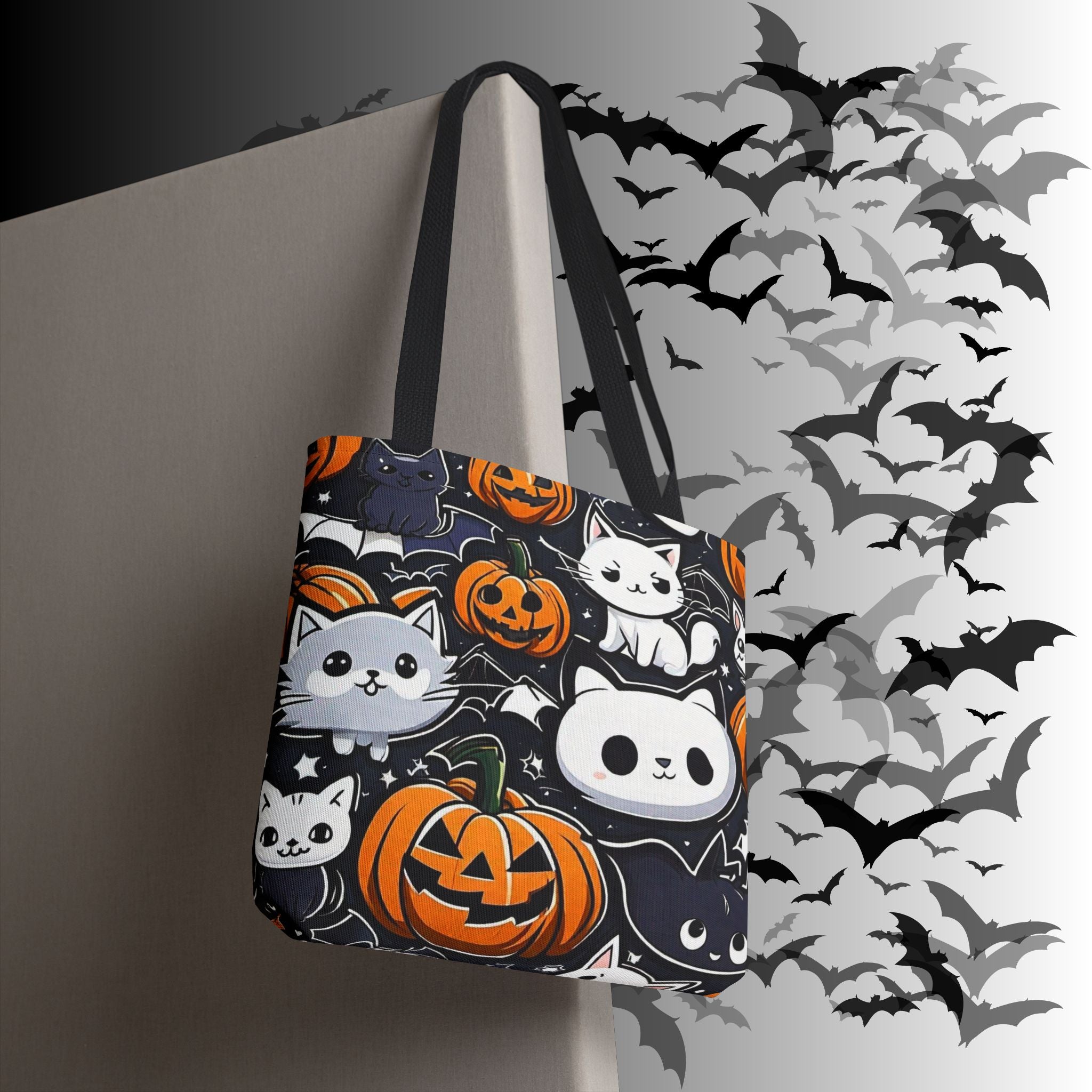 Kawaii Halloween Cat & Pumpkin Tote Bag — Spooky Multi-Cat Pattern