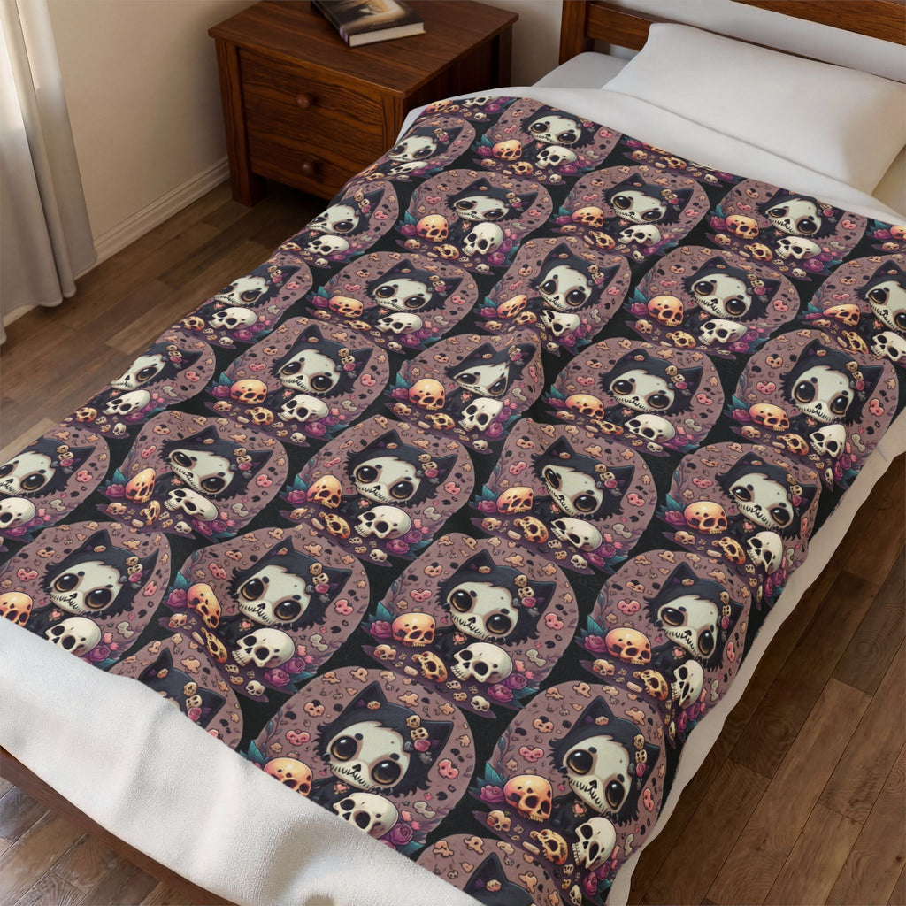 Kawaii Skull Cat Throw Blanket — Creepy Cute Gothic Home Decor