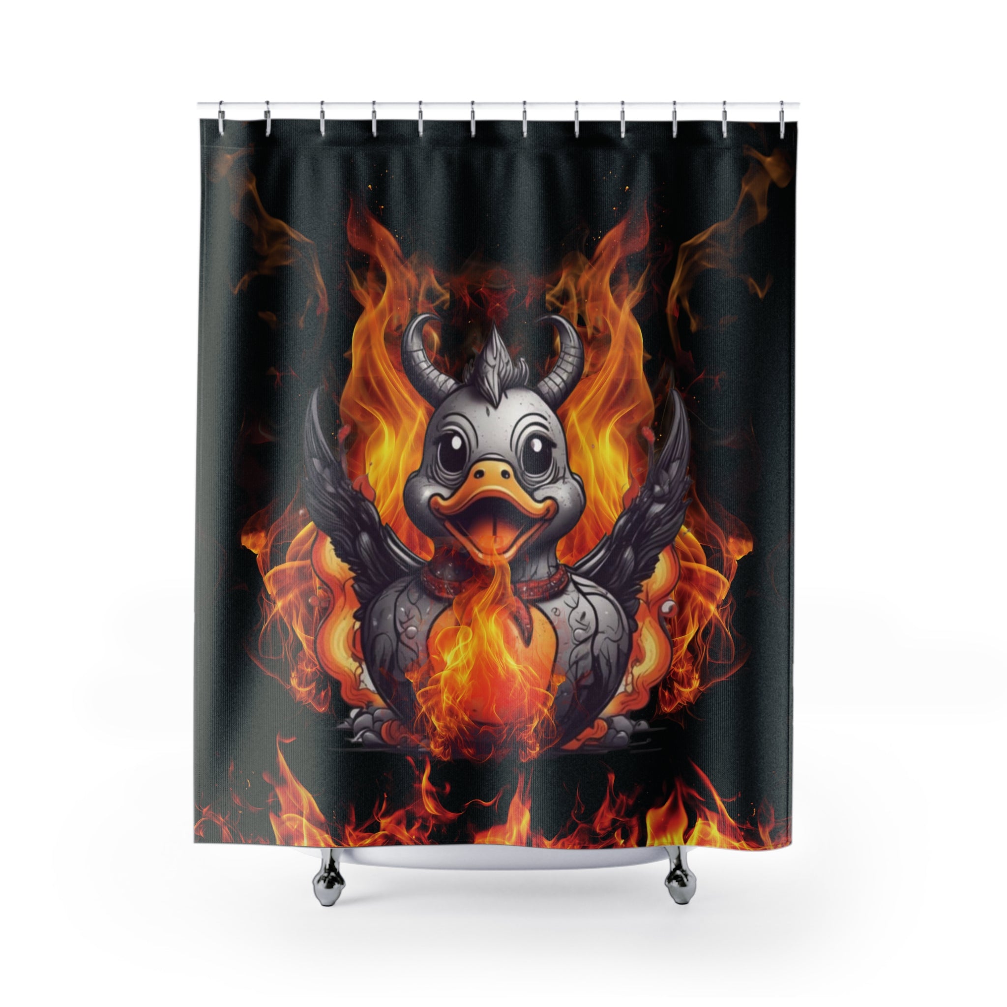 Gothic Fire Duck Shower Curtain — Demon Rubber Ducky Dark Bathroom Decor