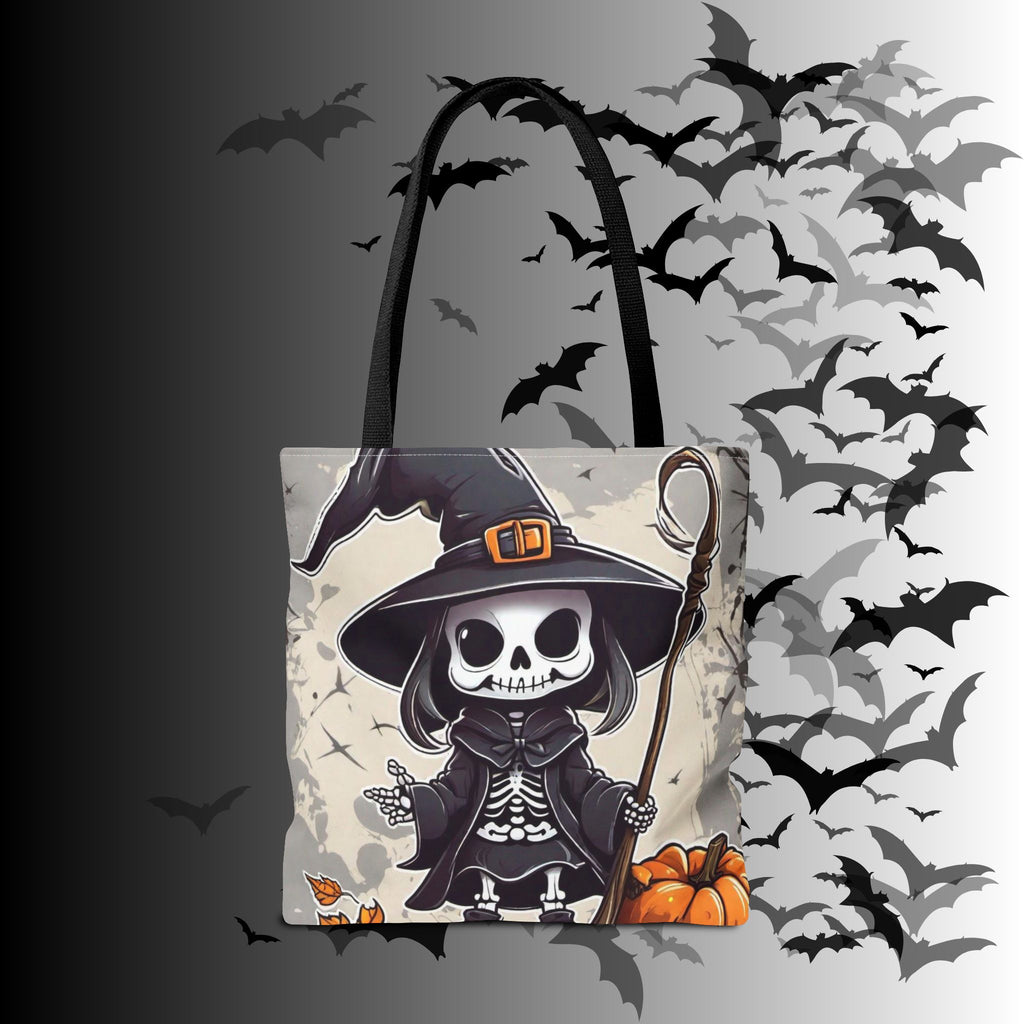 Skeleton Witch Halloween Tote Bag — Spooky Chibi Witch Print