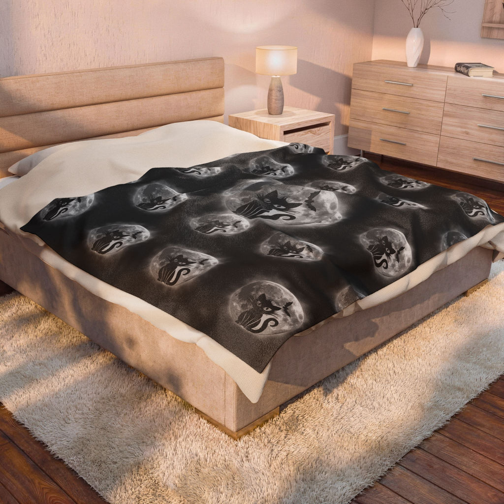 Gothic Black Cat Throw Blanket — Full Moon Bat Dark Home Decor
