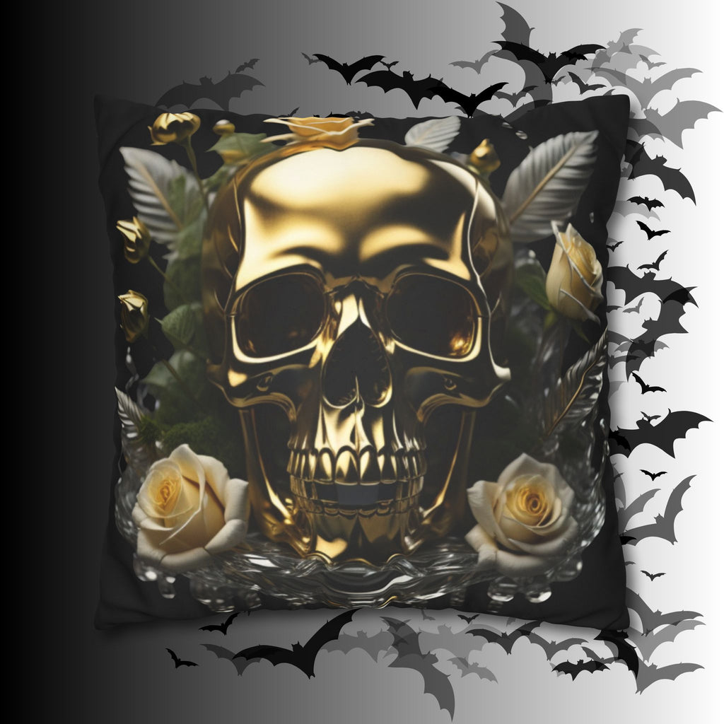 Gold Skull Botanical Throw Pillow — Dark Floral Gothic Home Decor
