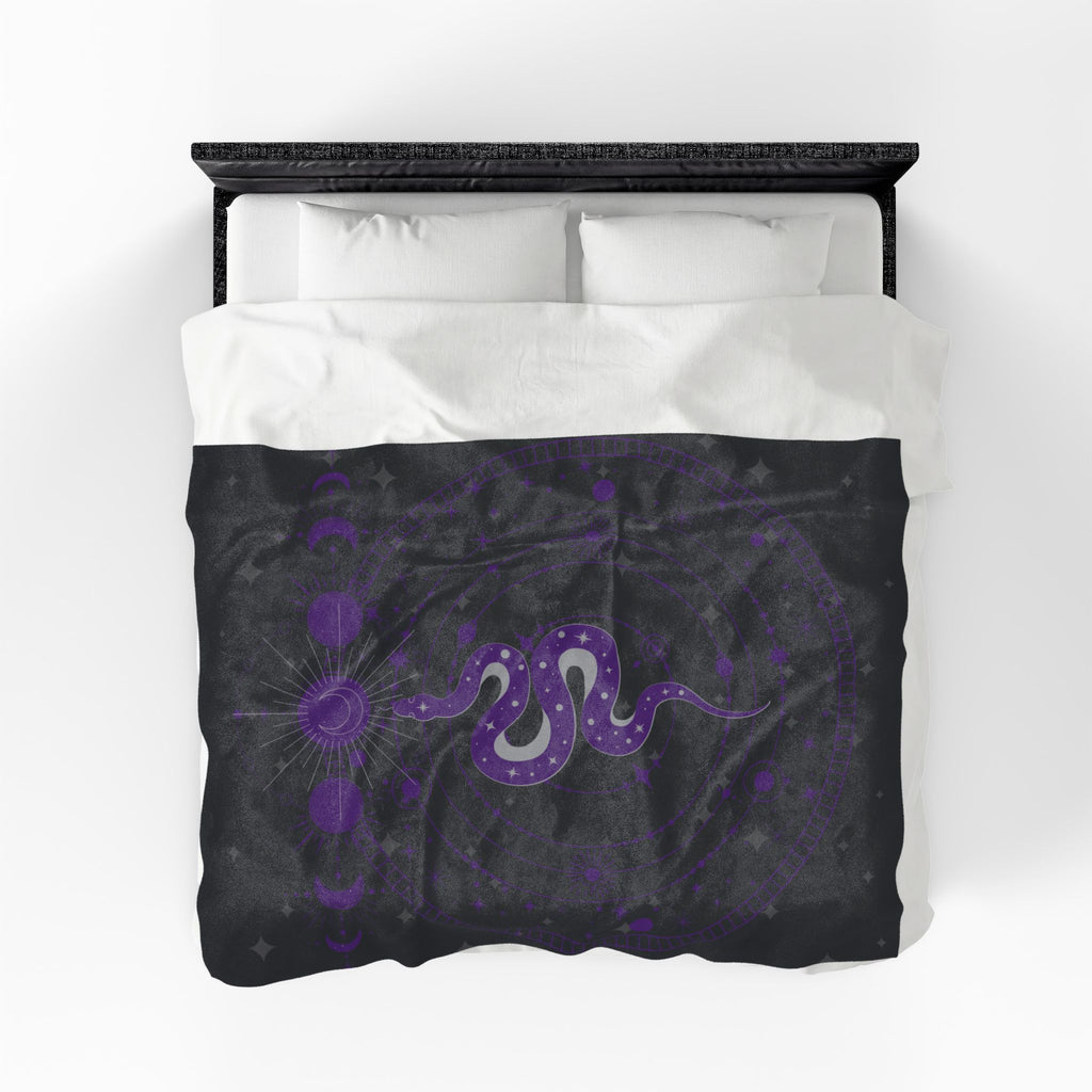 Gothic Celestial Snake Moon Phase Throw Blanket — Purple & Black Witchy Decor