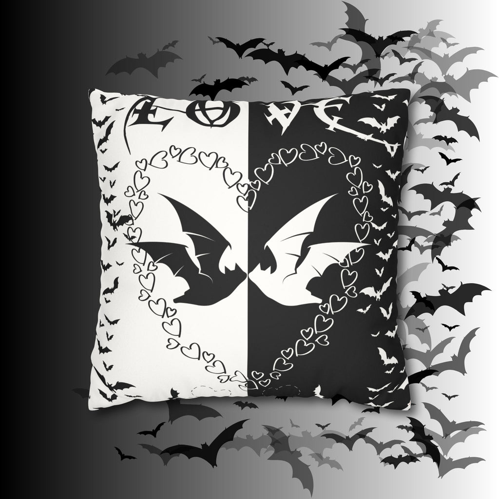 Gothic Bats Heart Throw Pillow — Black White Halloween Dark Home Decor