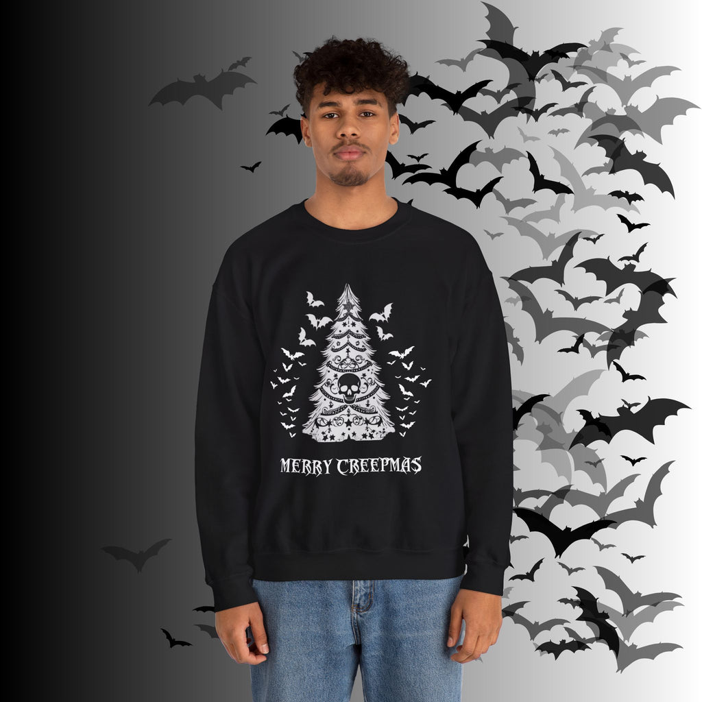 Merry Creepmas Tree Crewneck Sweatshirt — Gothic Christmas Skull Bat