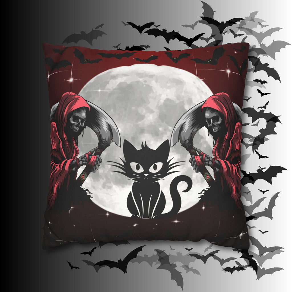 Gothic Black Cat Grim Reaper Throw Pillow — Moonlit Dark Home Decor