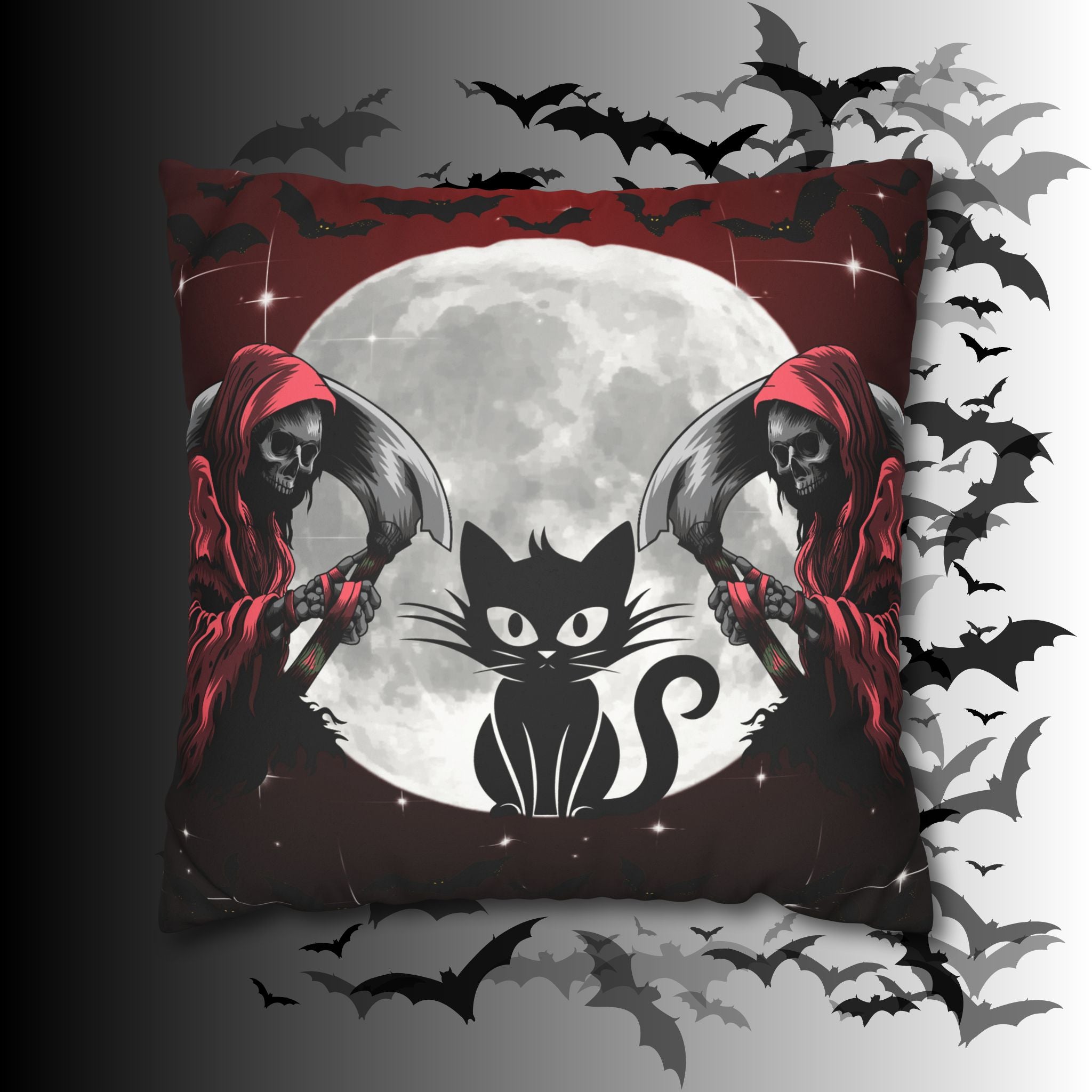 Gothic Black Cat Grim Reaper Throw Pillow — Moonlit Dark Home Decor