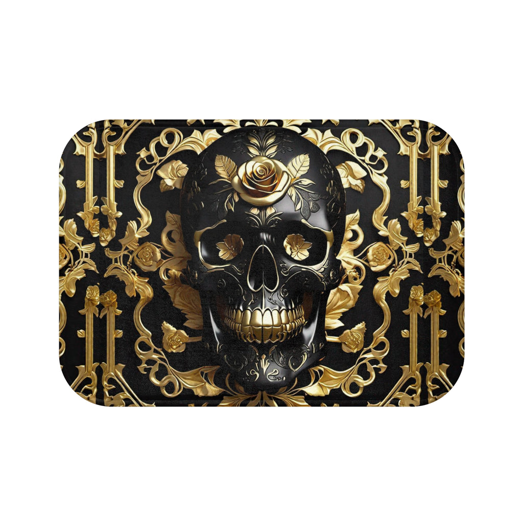 Gothic Black & Gold Skull Bath Mat — Luxury Baroque Bathroom Decor