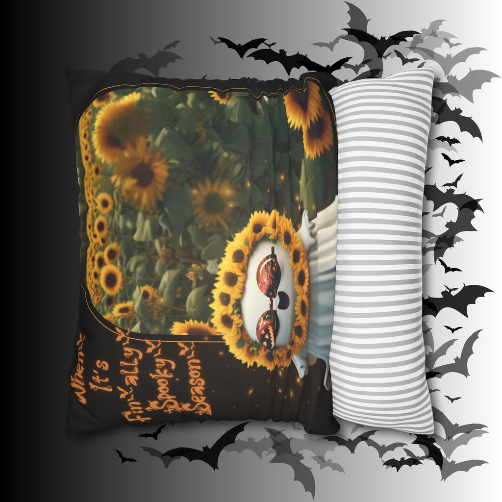 Spooky Season Ghost Sunflower Throw Pillow — Halloween Dark Home Decor