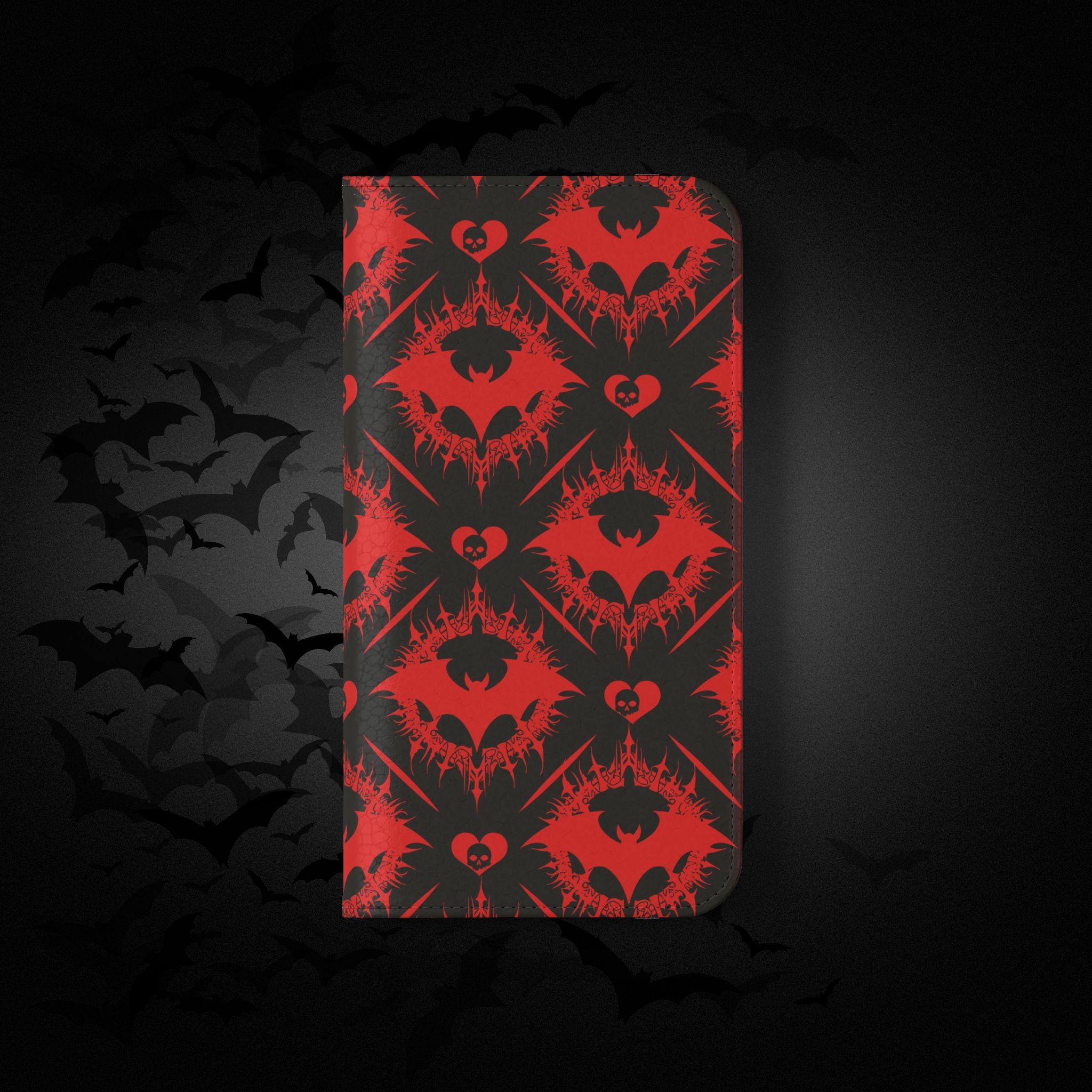Gothic Bat Wallet Flip Case - Elegant Goth Phone Wallet - Bat Pattern Flip Case - Gothic Phone Case - Stylish Wallet Phone Case