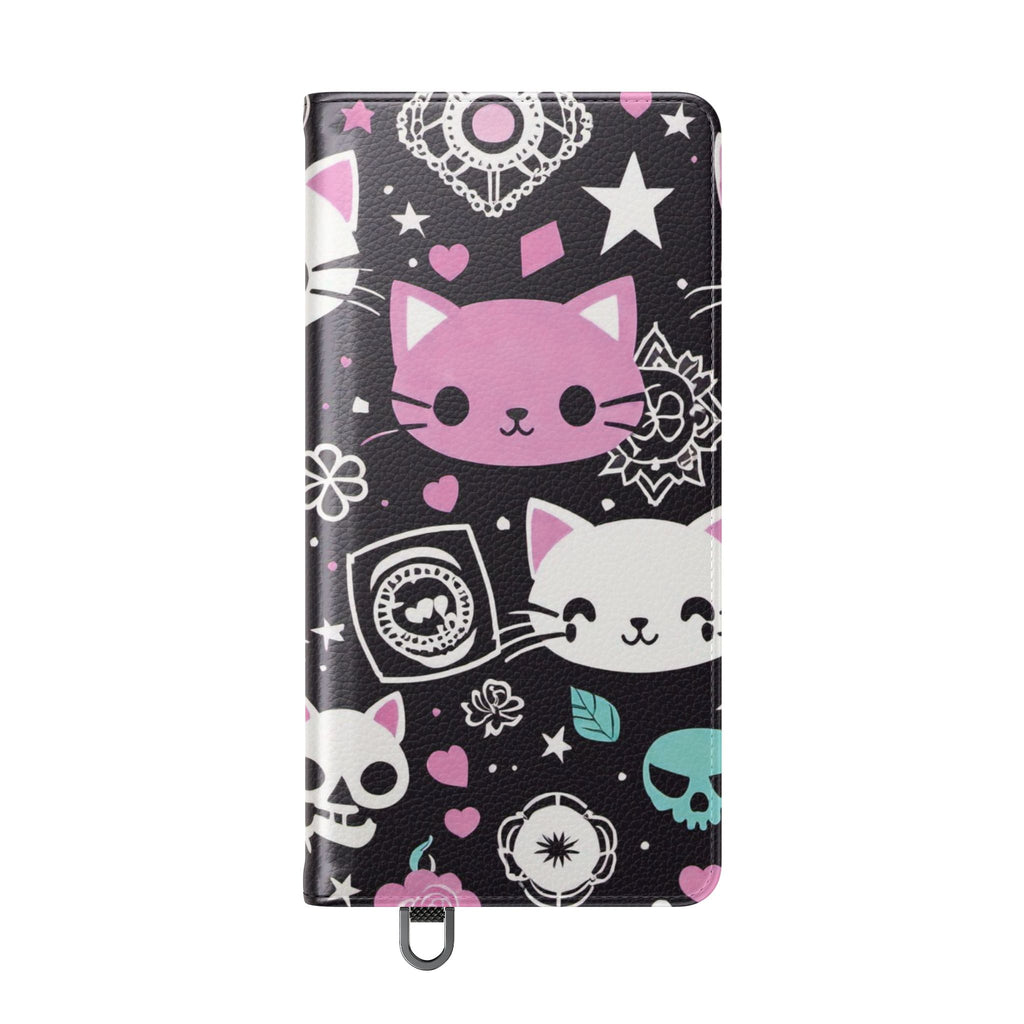 Pastel Goth Cat Flip Wallet Phone Case - Goth Cat Wallet Case for Samsung iPhone - Gothic Style Cats Wallet Phone Cases