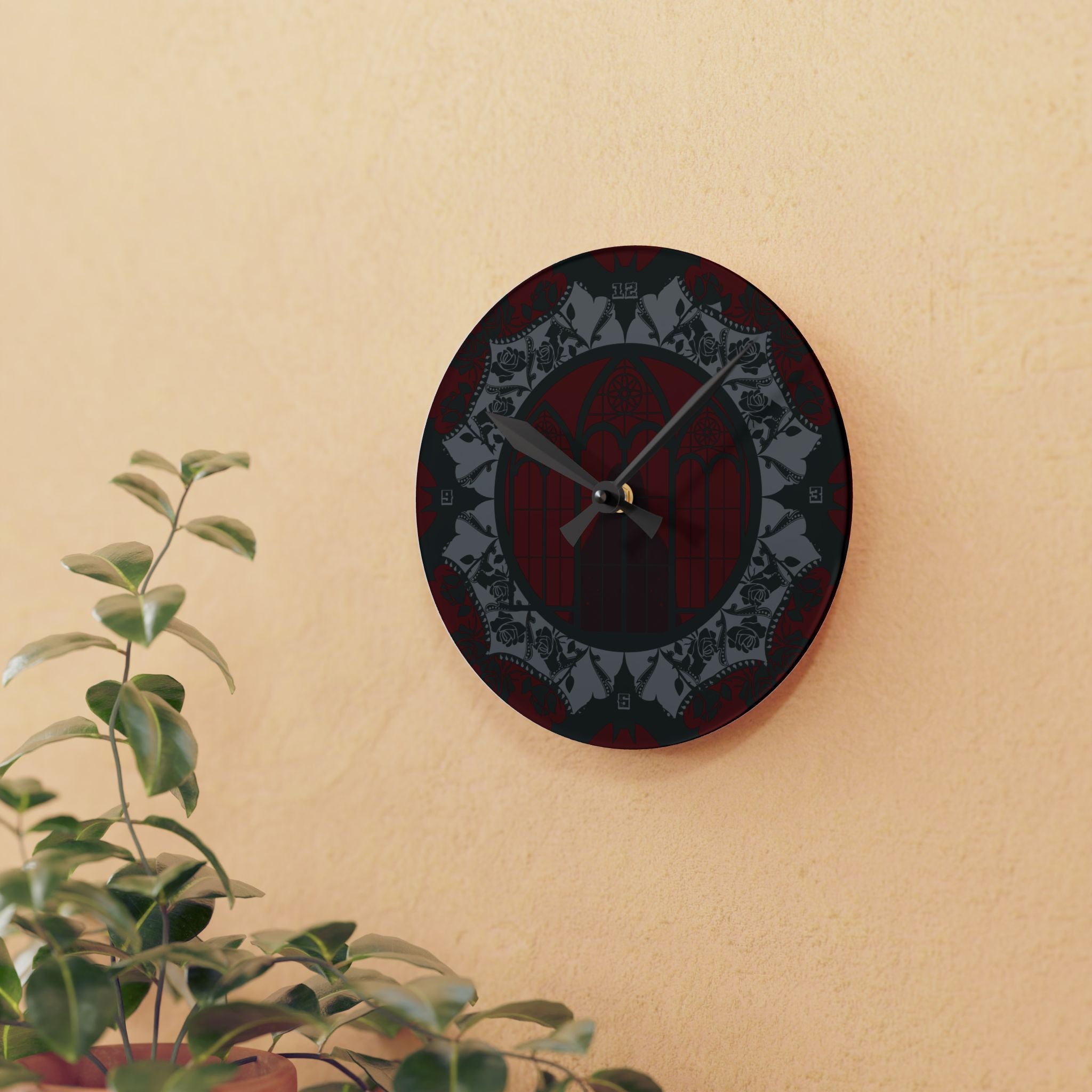 Gothic Cathedral Bats Wall Clock — Black Red Acrylic Art Print Home Decor