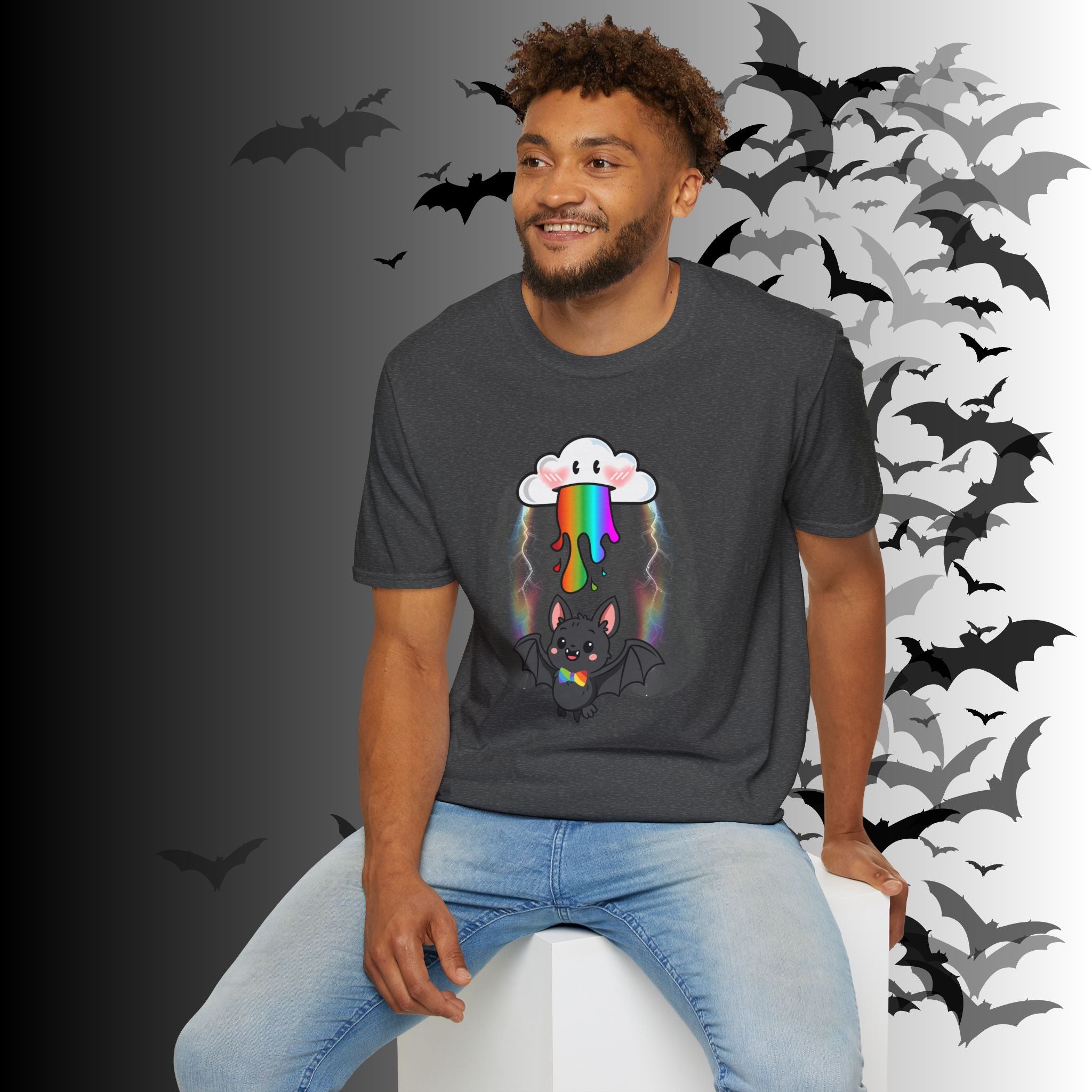 Rainbow Vomit Cloud Bat T-Shirt — Kawaii Goth Pride Unisex Tee