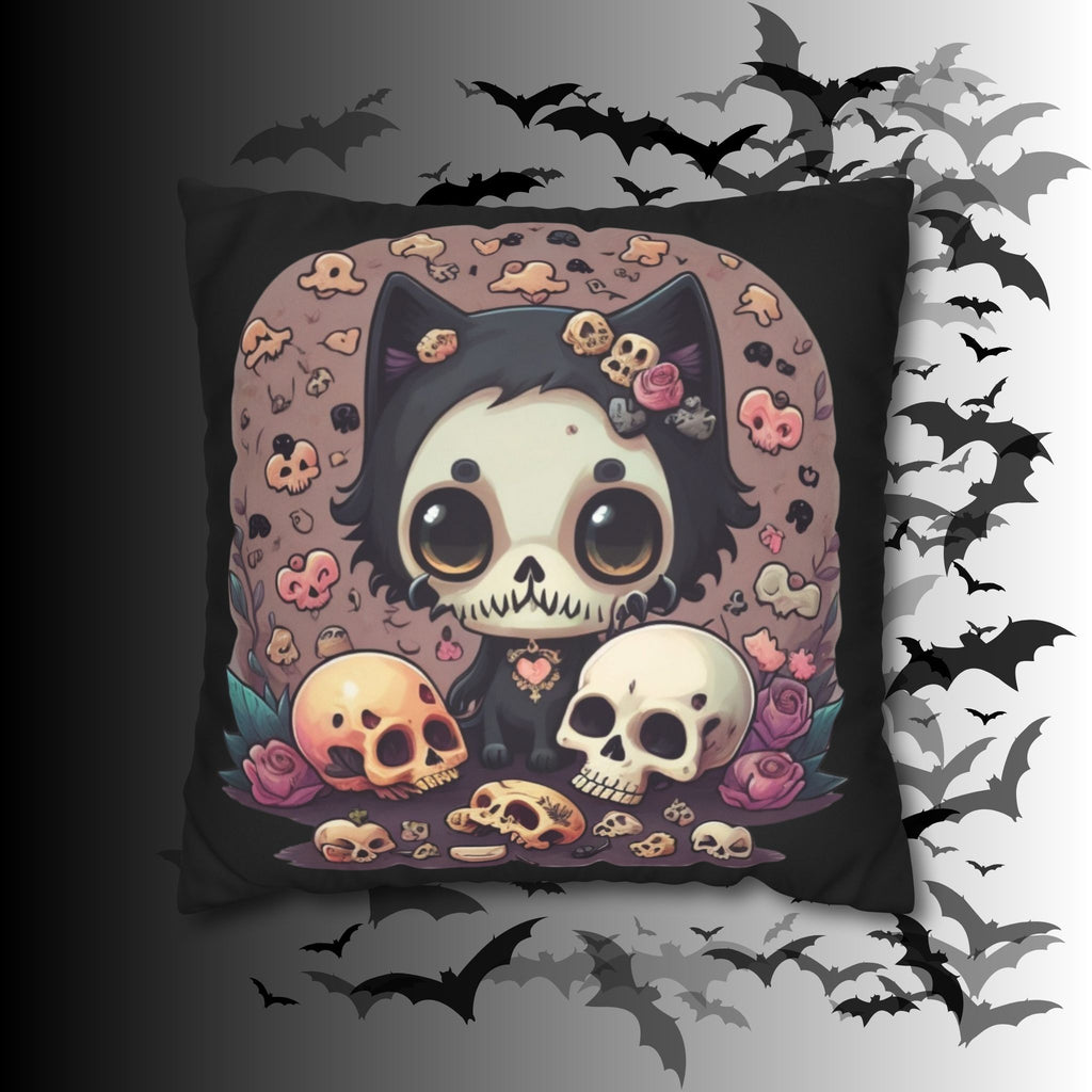 Gothic Skull Face Cat Throw Pillow — Creepy Cute Pastel Goth Home Decor