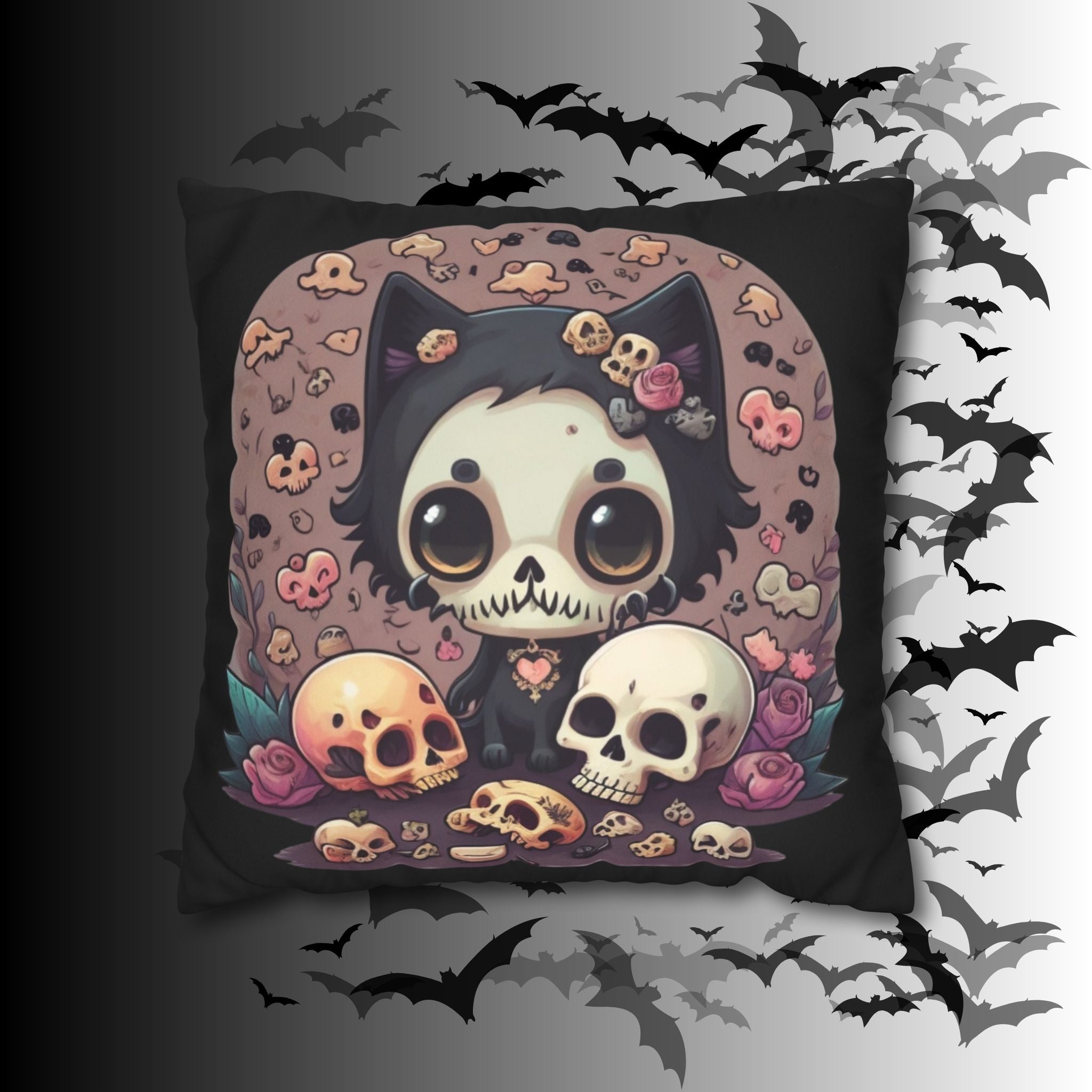 Gothic Skull Face Cat Throw Pillow — Creepy Cute Pastel Goth Home Decor