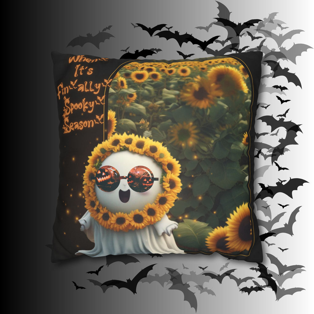 Spooky Season Ghost Sunflower Throw Pillow — Halloween Dark Home Decor