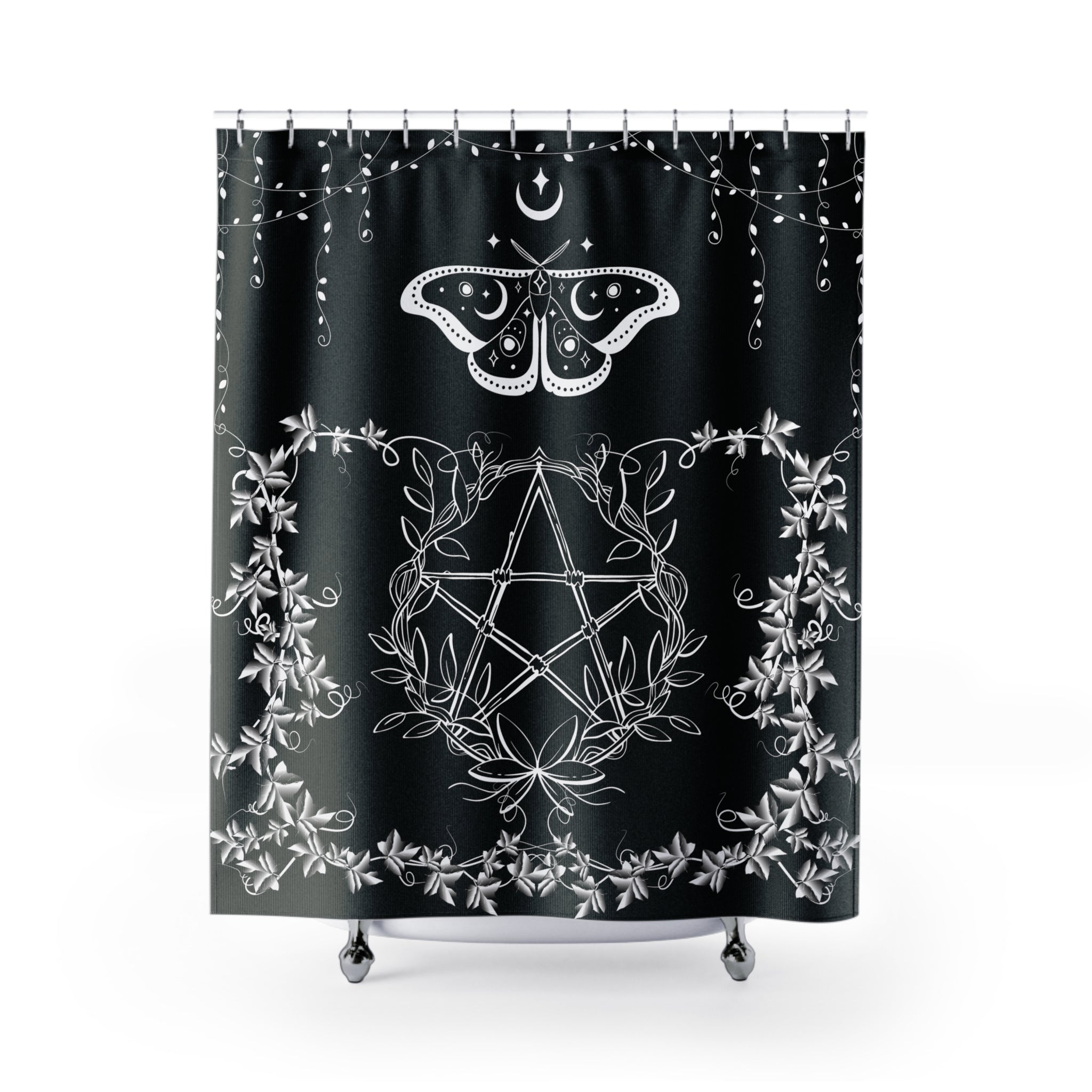 Whimsigoth Pentagram Shower Curtain — Witchy Dark Cottagecore Bathroom Decor