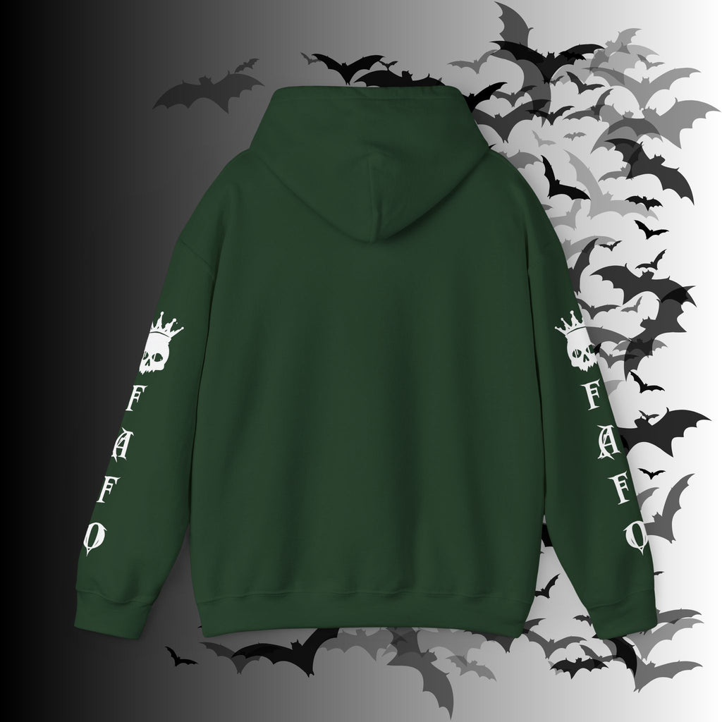I Identify As a Threat Hoodie — Gothic Skull Sleeve Print FAFO Black