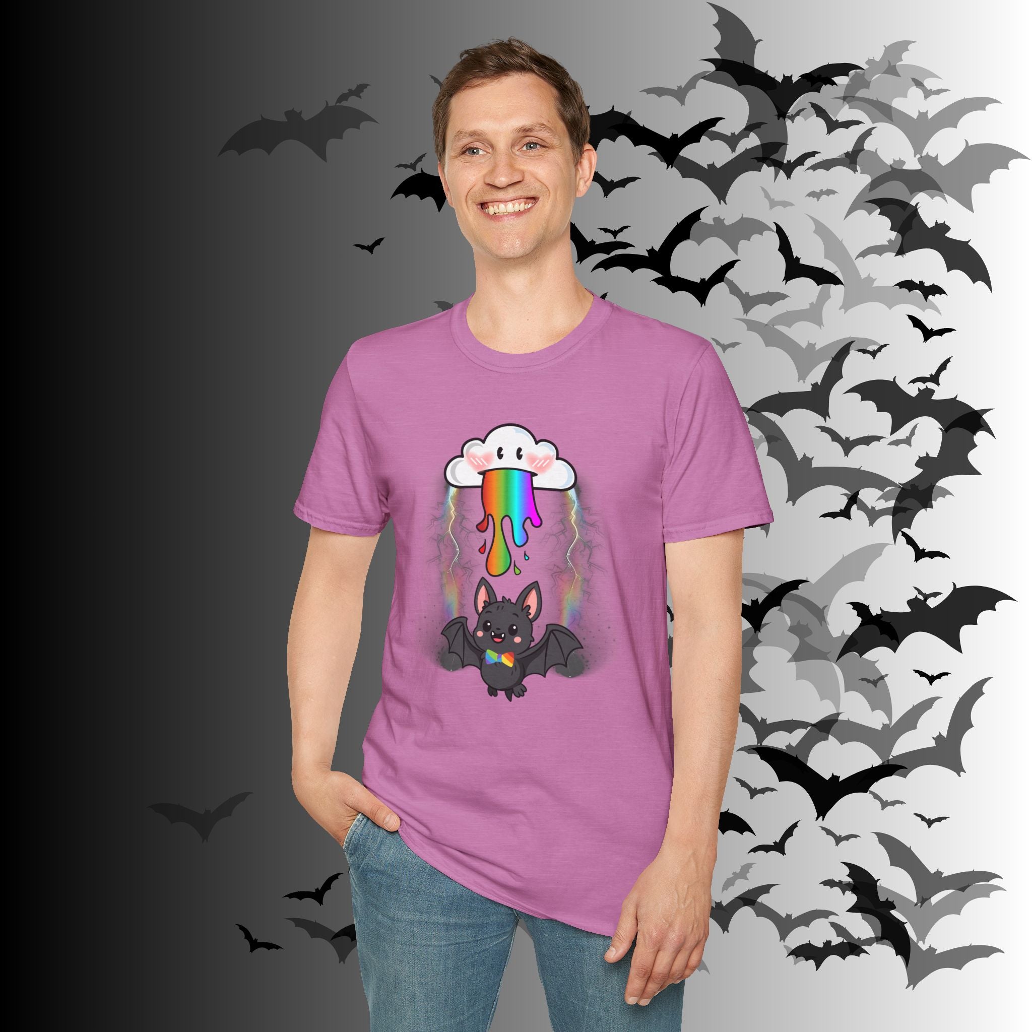 Rainbow Vomit Cloud Bat T-Shirt — Kawaii Goth Pride Unisex Tee