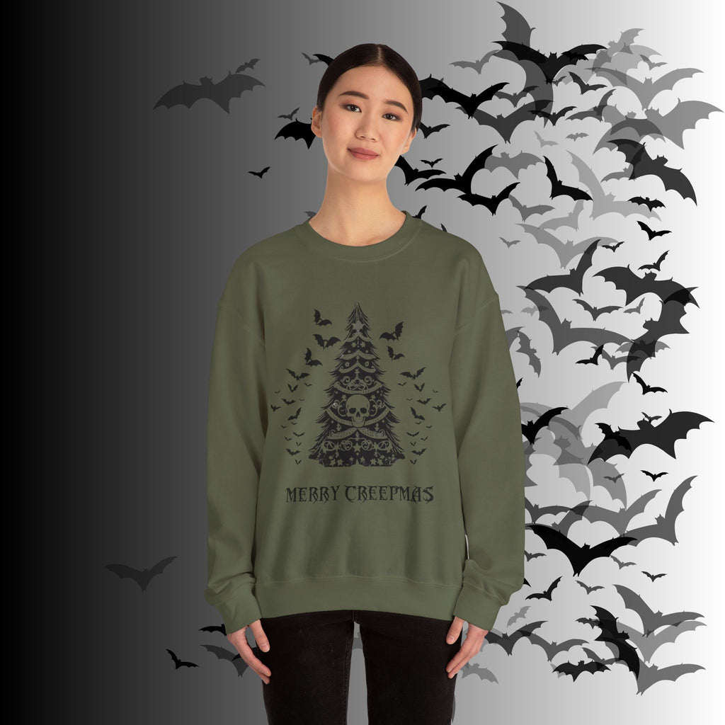Merry Creepmas Tree Crewneck Sweatshirt — Gothic Christmas Skull Bat