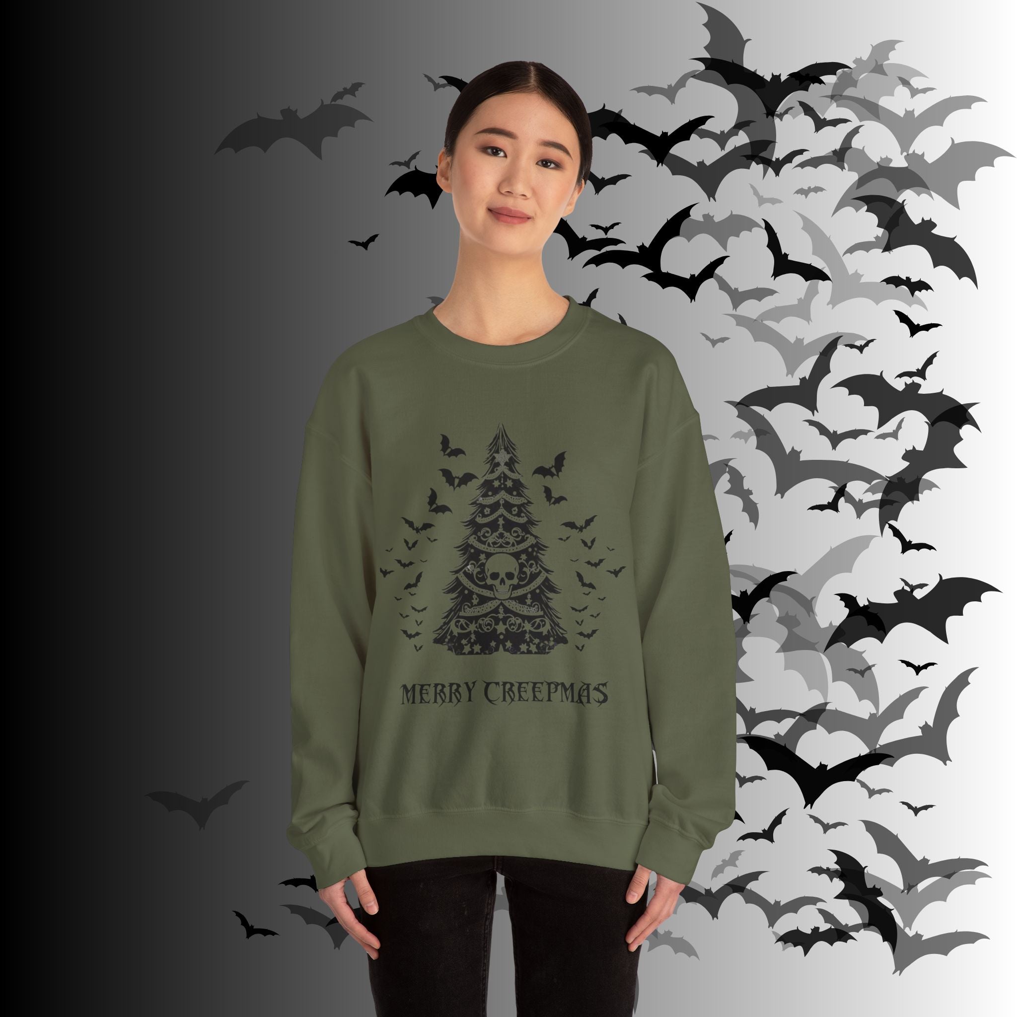 Merry Creepmas Tree Crewneck Sweatshirt — Gothic Christmas Skull Bat