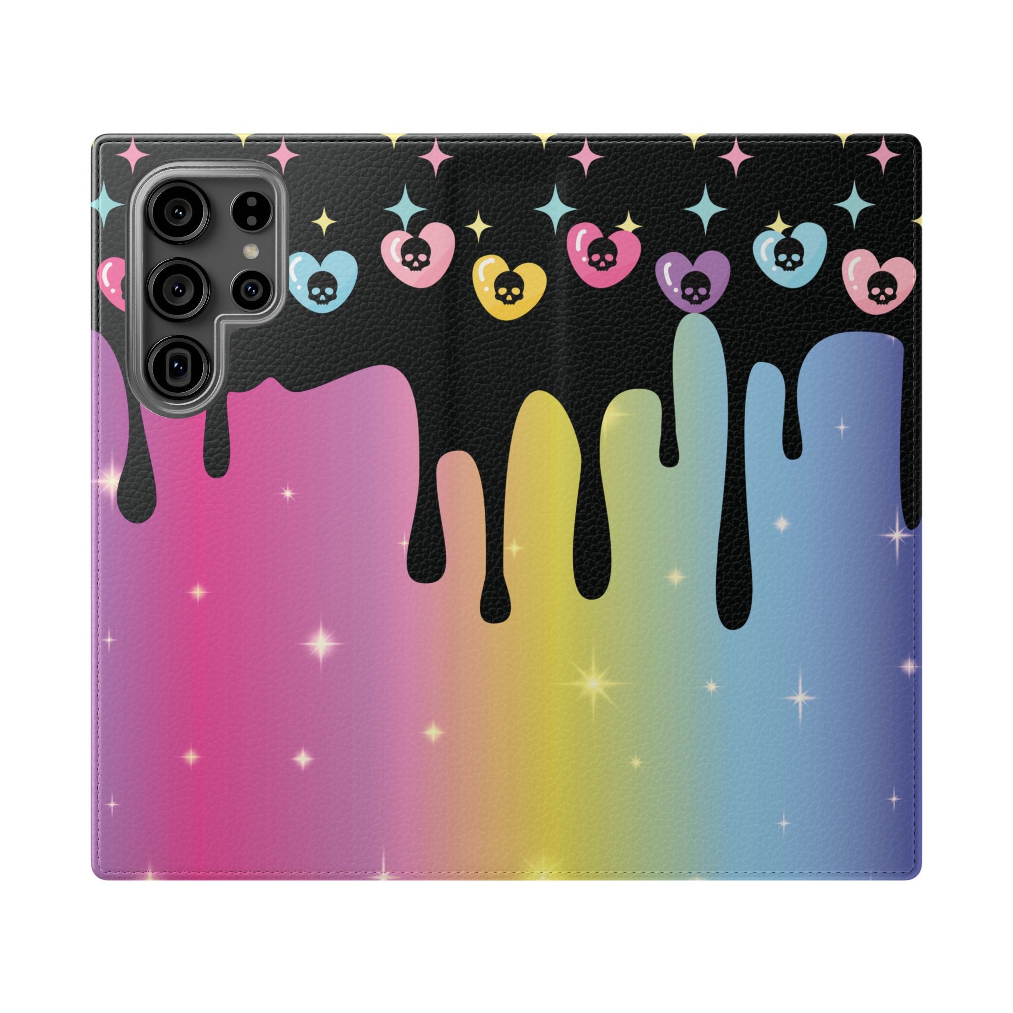 Pastel Goth Drippy Rainbow Skulls Flip Wallet Phone Case - Wallet Case for Samsung and iPhone - Gothic Style Wallet Phone Cases