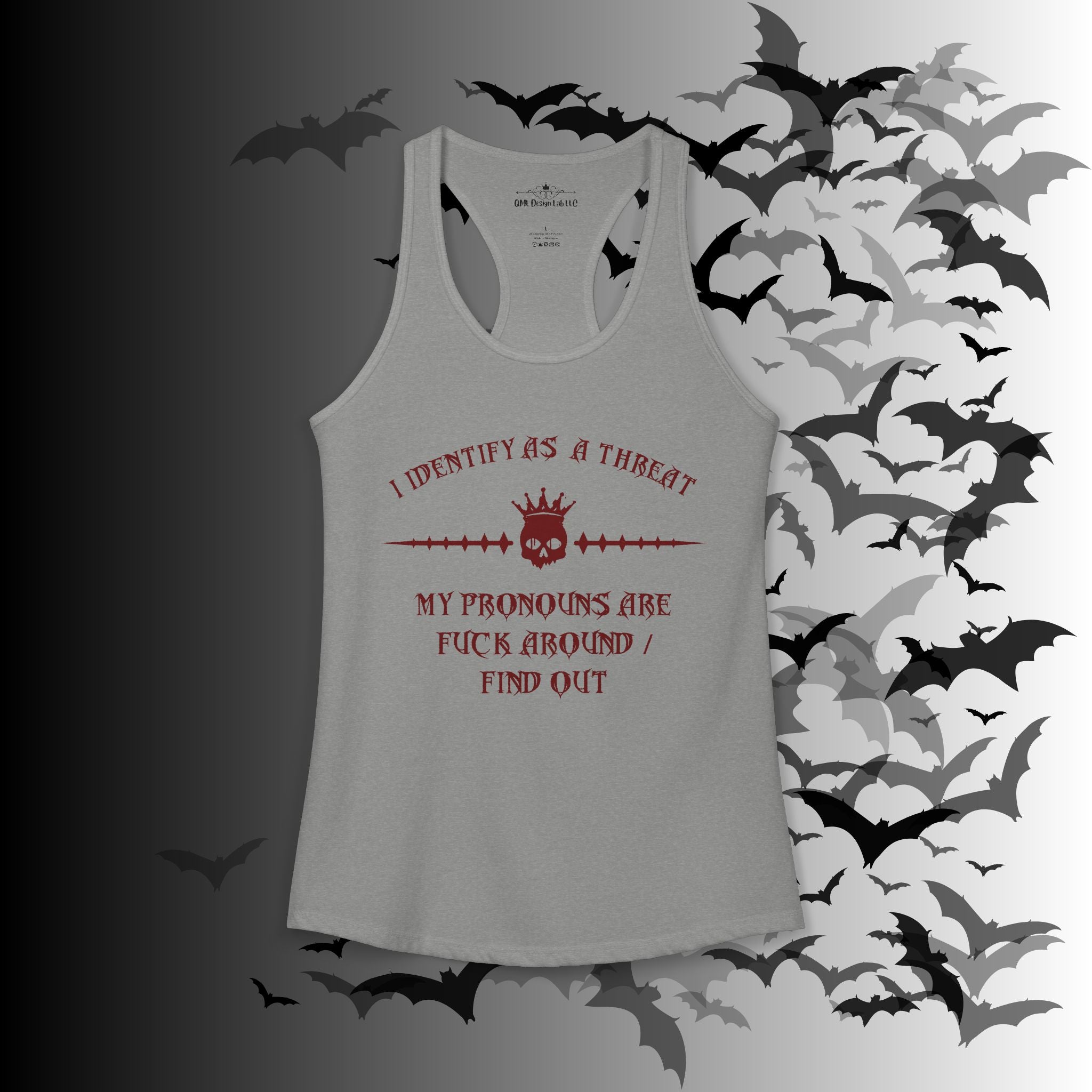 "FAFO" I Identify As A Threat Racerback Tank Top — White Print Front & Back