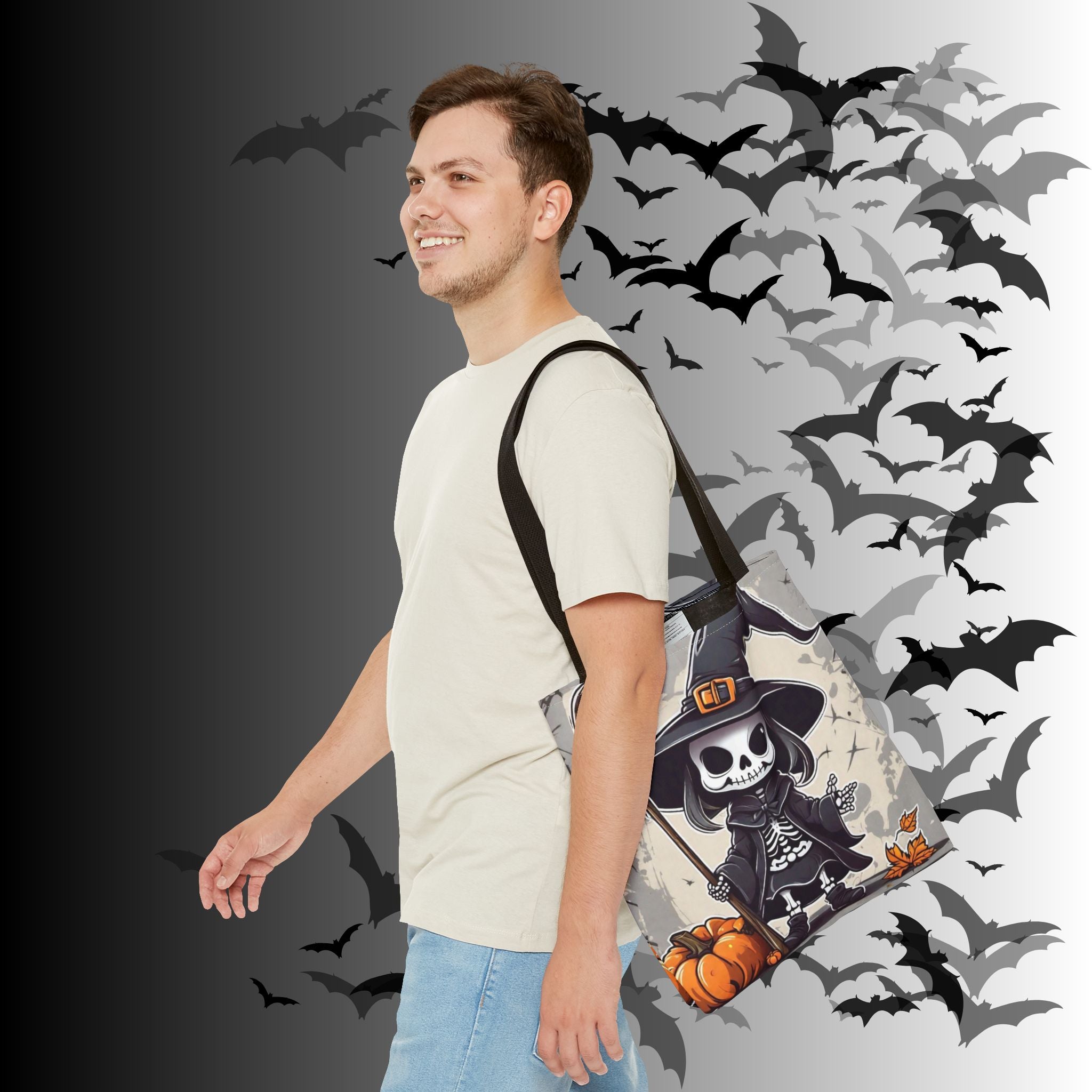 Skeleton Witch Halloween Tote Bag — Spooky Chibi Witch Print