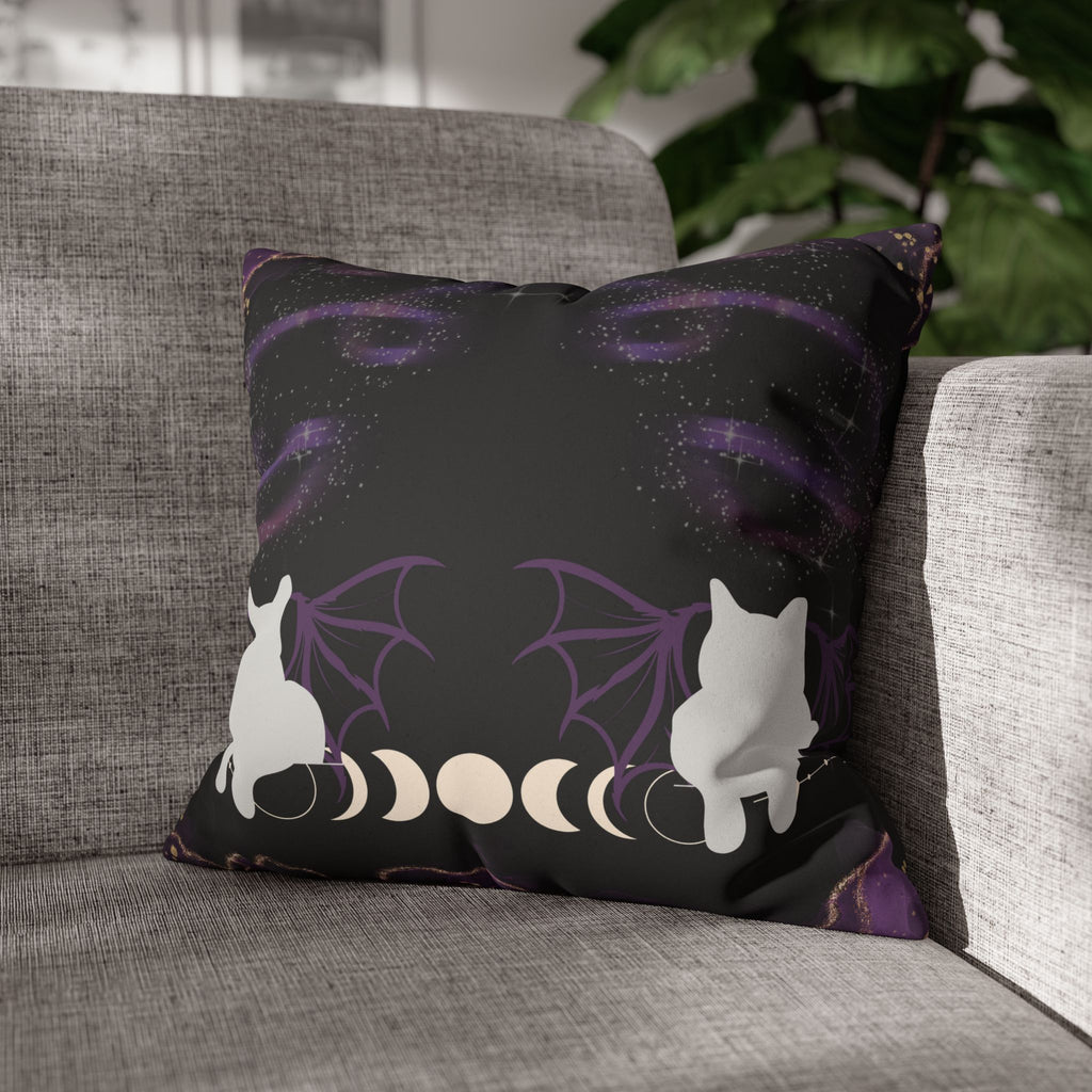 Gothic Bat Wing Cat Moon Phases Throw Pillow — Purple Celestial Dark Home Decor