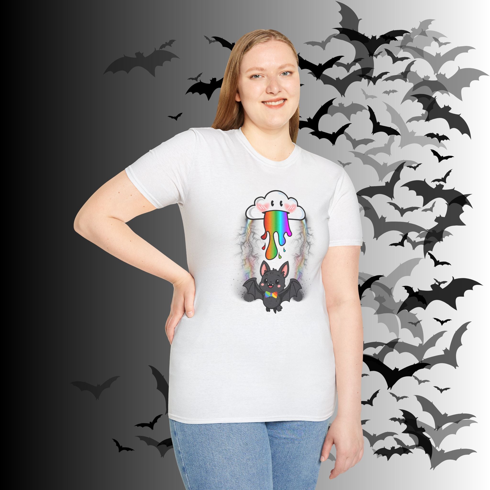 Rainbow Vomit Cloud Bat T-Shirt — Kawaii Goth Pride Unisex Tee