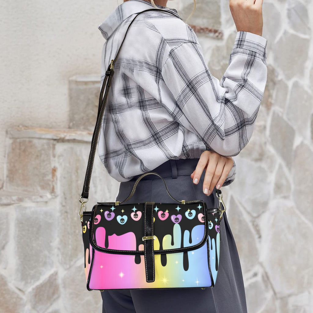 Pastel Goth Rainbow Skull Crossbody Bag | Drippy Skull Waterproof Canvas Satchel Purse