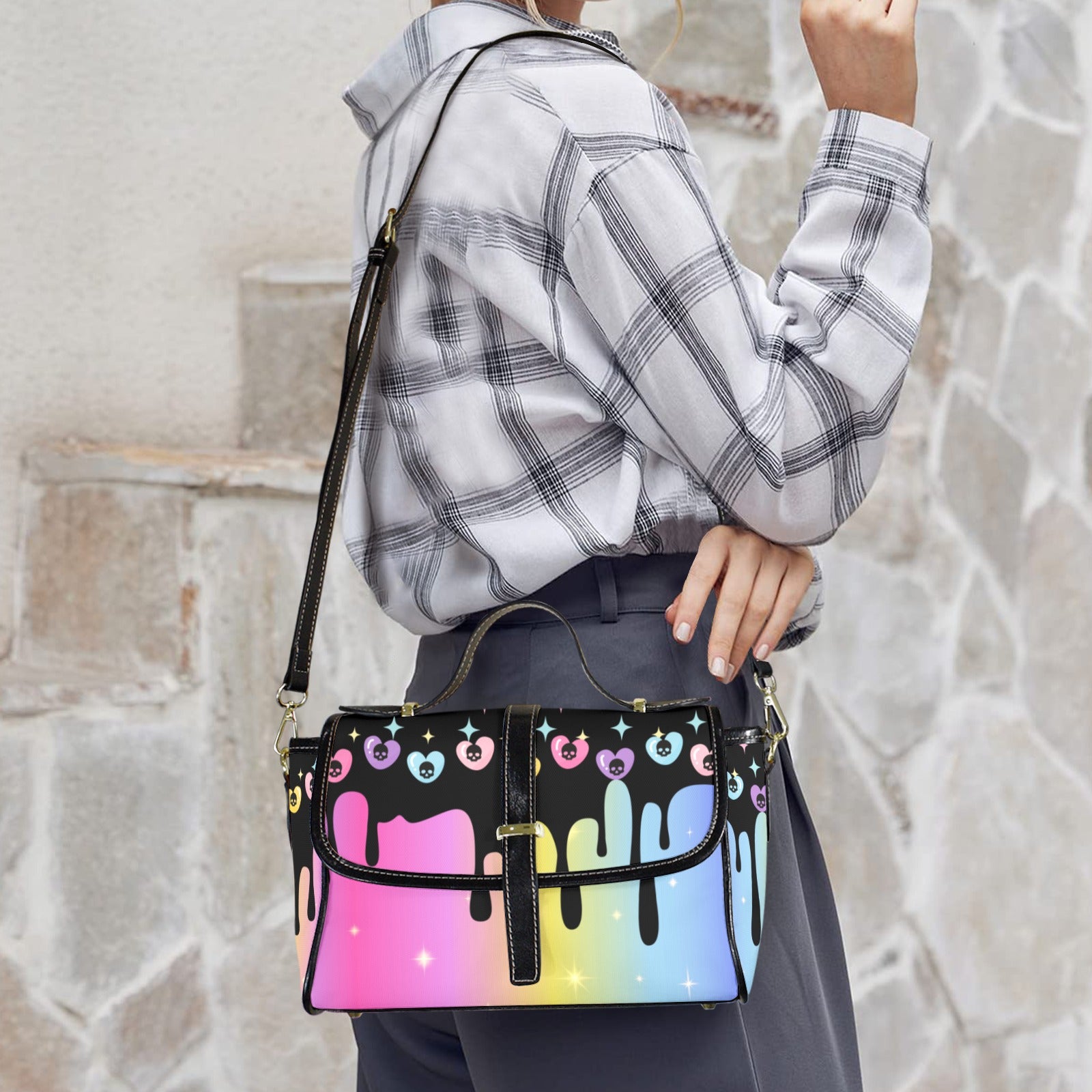 Pastel Goth Rainbow Skull Crossbody Bag | Drippy Skull Waterproof Canvas Satchel Purse
