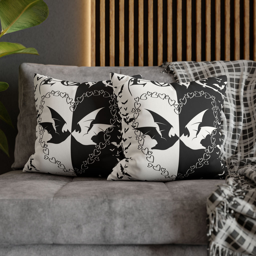 Gothic Bats Heart Throw Pillow — Black White Halloween Dark Home Decor