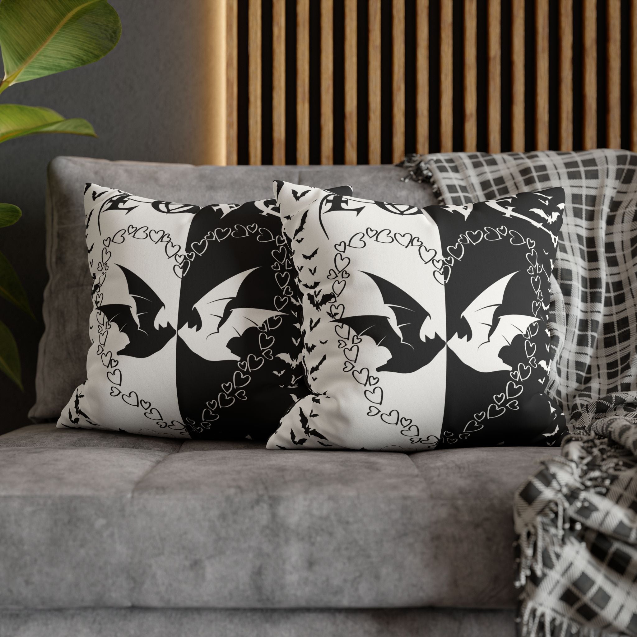 Gothic Bats Heart Throw Pillow — Black White Halloween Dark Home Decor