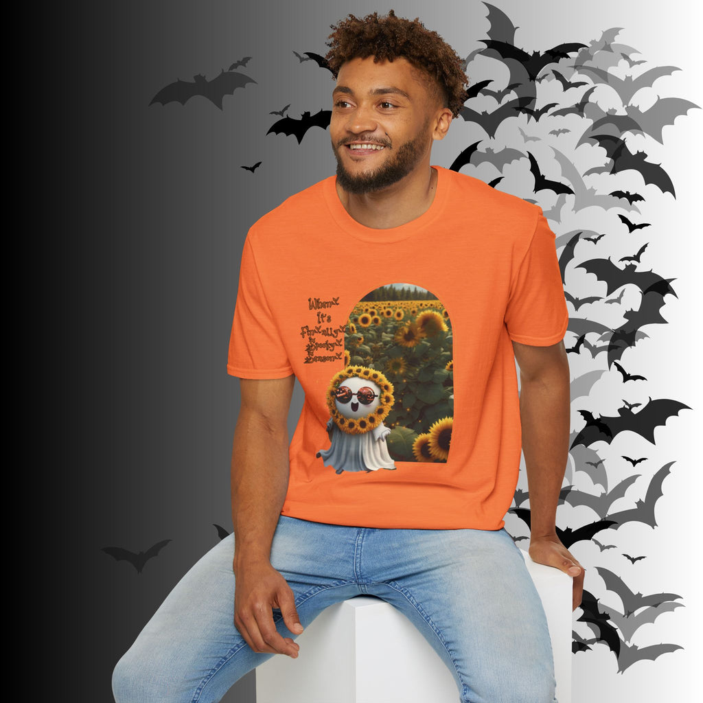 "When It's Finally Spooky Season" Ghost Sunflower T-Shirt — Halloween Tee