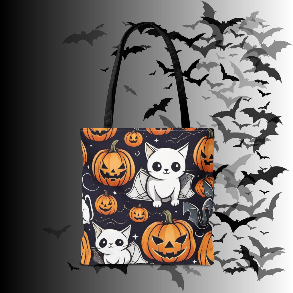 Kawaii Bat Cat Halloween Tote Bag — Spooky Pumpkin Pattern