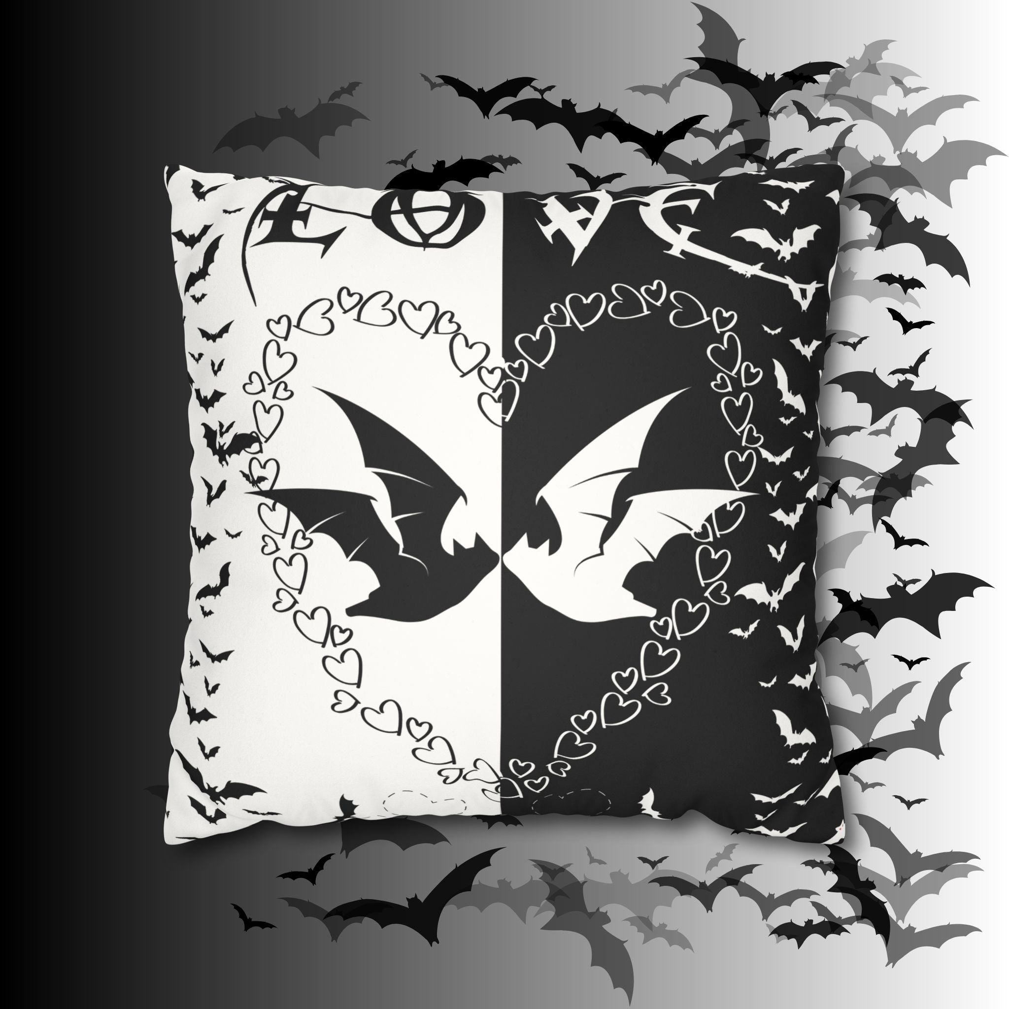 Gothic Bats Heart Throw Pillow — Black White Halloween Dark Home Decor