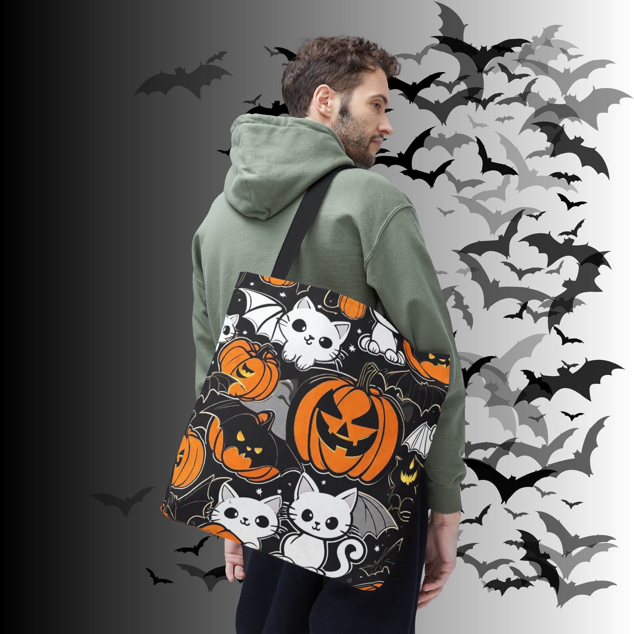 Kawaii Bat Cat Halloween Tote Bag — Dark Pumpkin Pattern