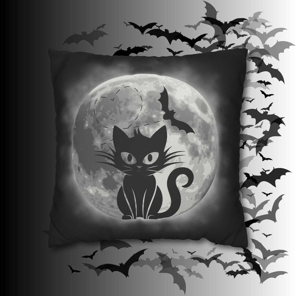 Gothic Black Cat Full Moon Throw Pillow — Bat Dark Home Decor