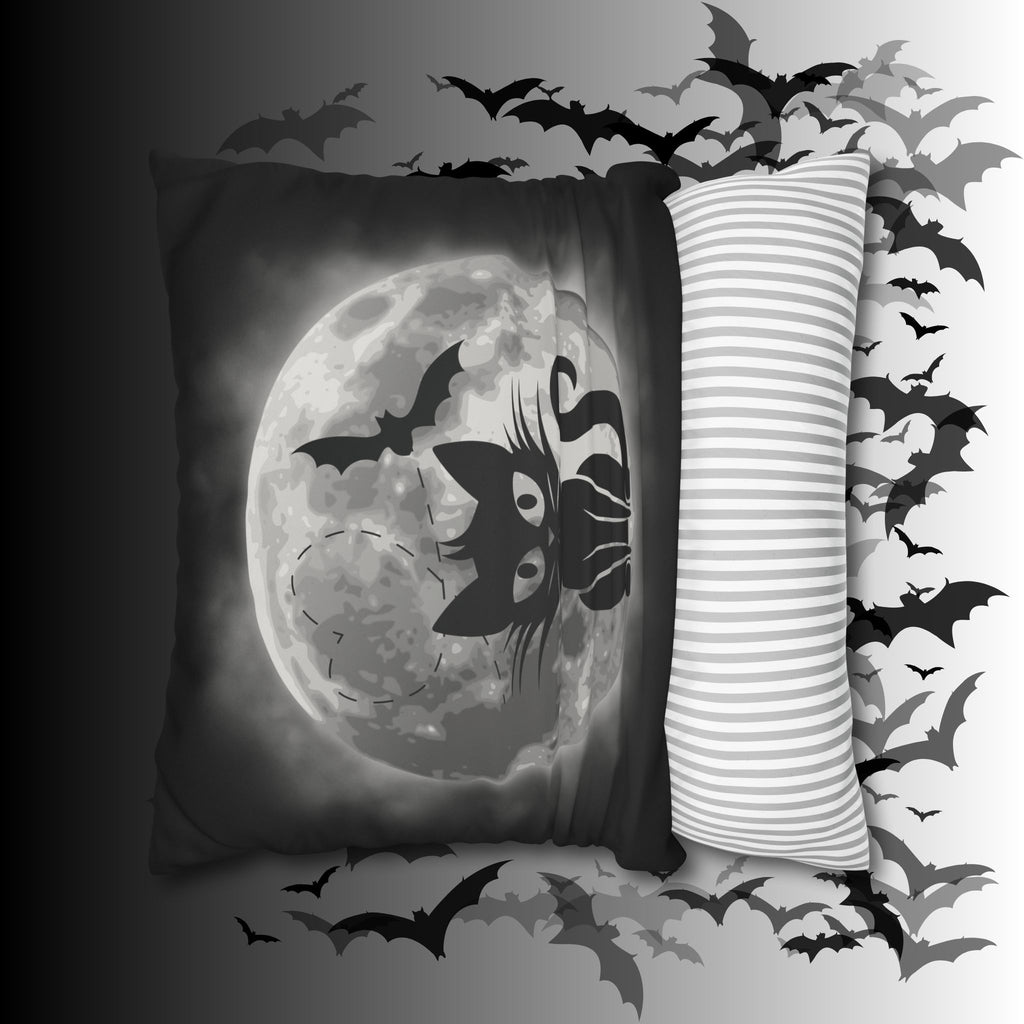 Gothic Black Cat Full Moon Throw Pillow — Bat Dark Home Decor