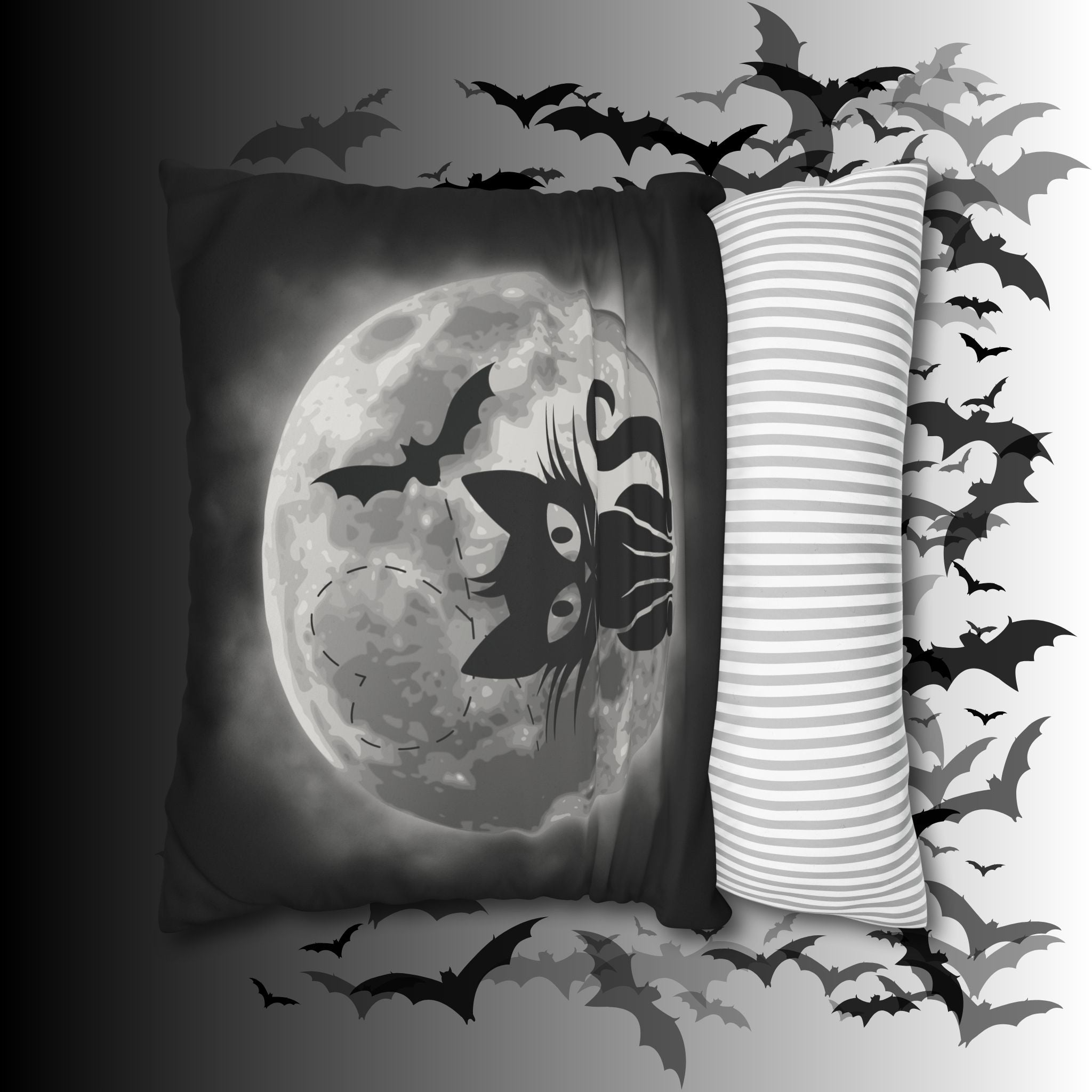 Gothic Black Cat Full Moon Throw Pillow — Bat Dark Home Decor