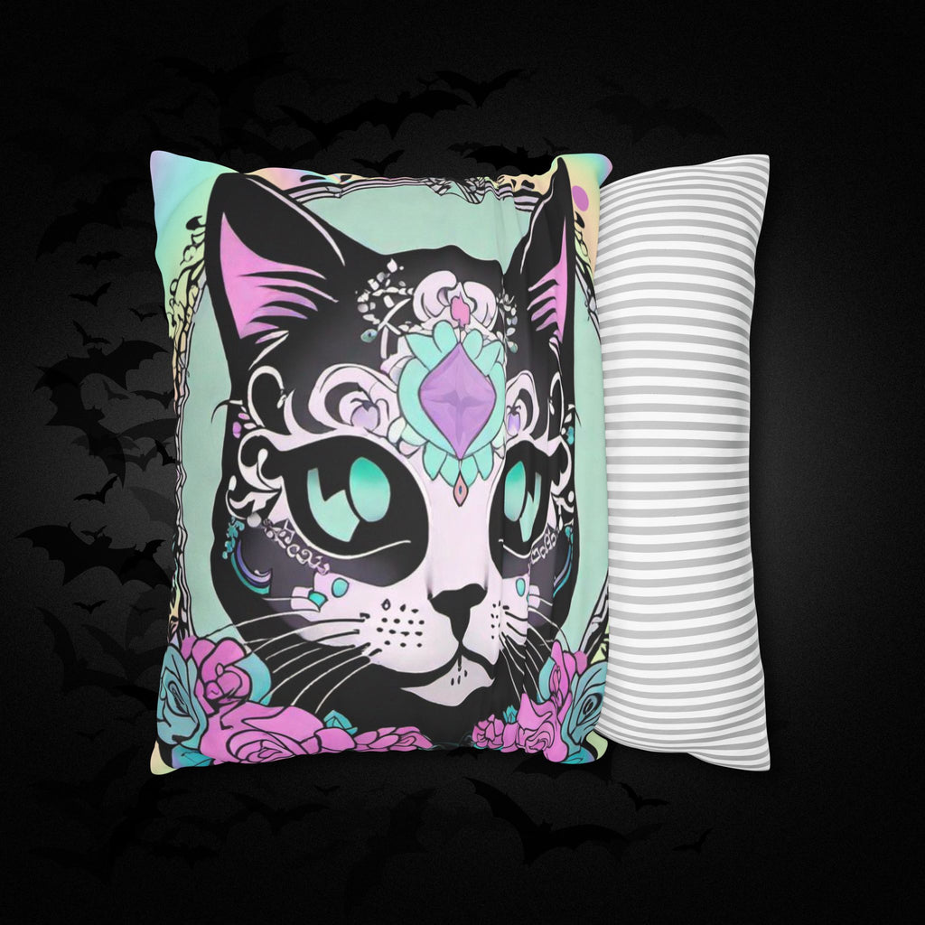 Pastel Goth Sugar Skull Cat Throw Pillow — Floral Gothic Home Decor