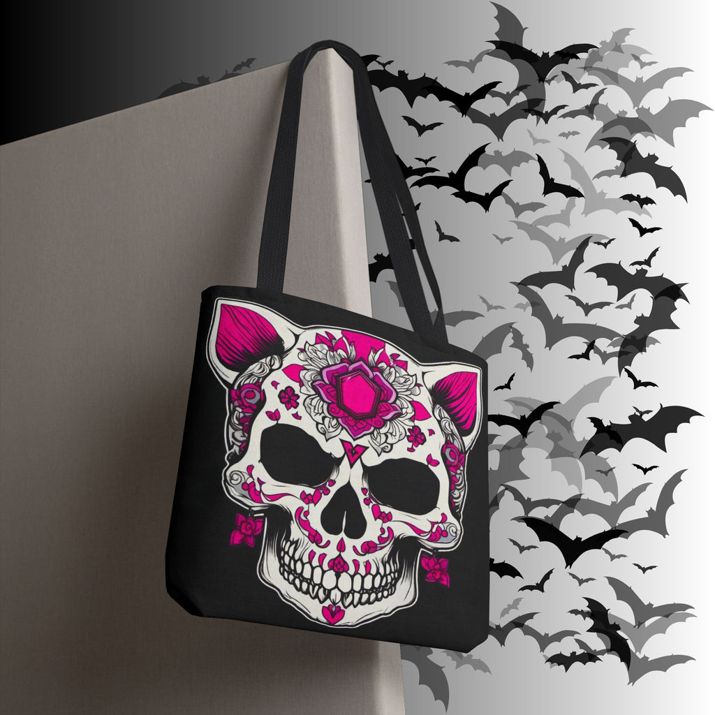 Pink Sugar Skull Cat Tote Bag — Day of the Dead Floral Design