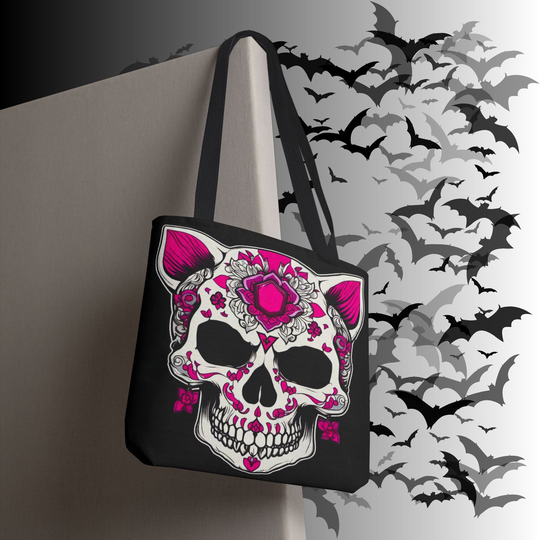 Pink Sugar Skull Cat Tote Bag — Day of the Dead Floral Design