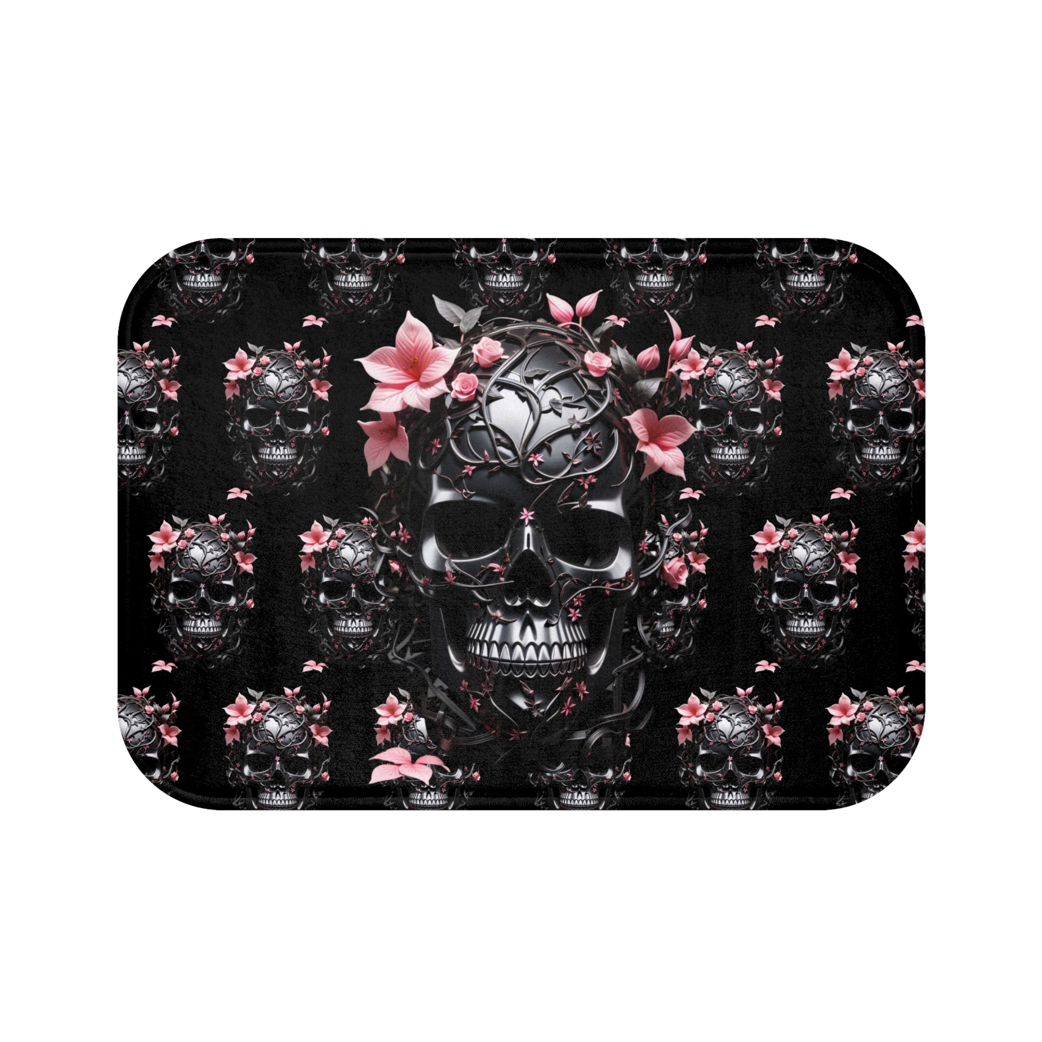 Gothic Floral Skull Bath Mat — Dark Botanical Bathroom Decor