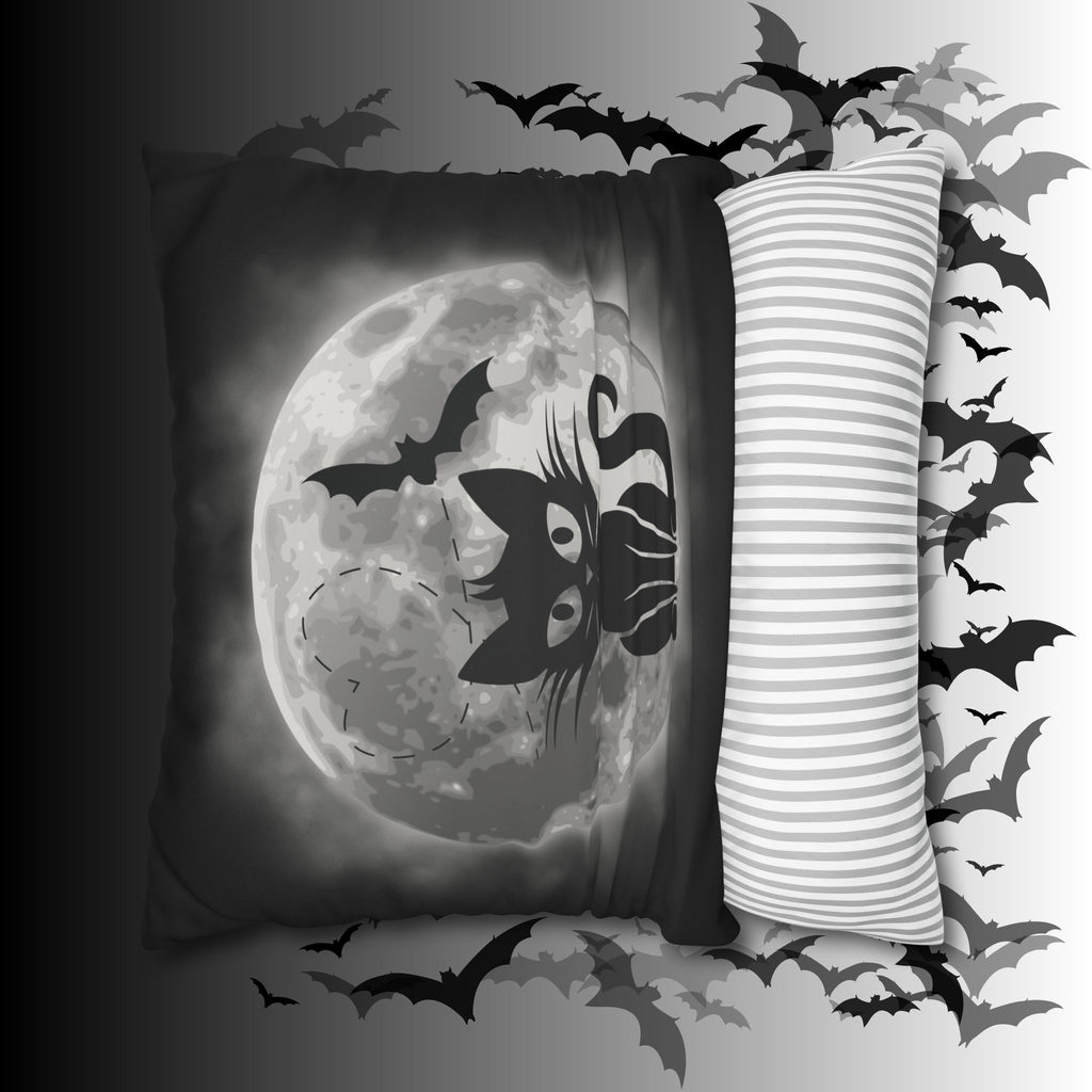 Gothic Black Cat Full Moon Throw Pillow — Bat Dark Home Decor