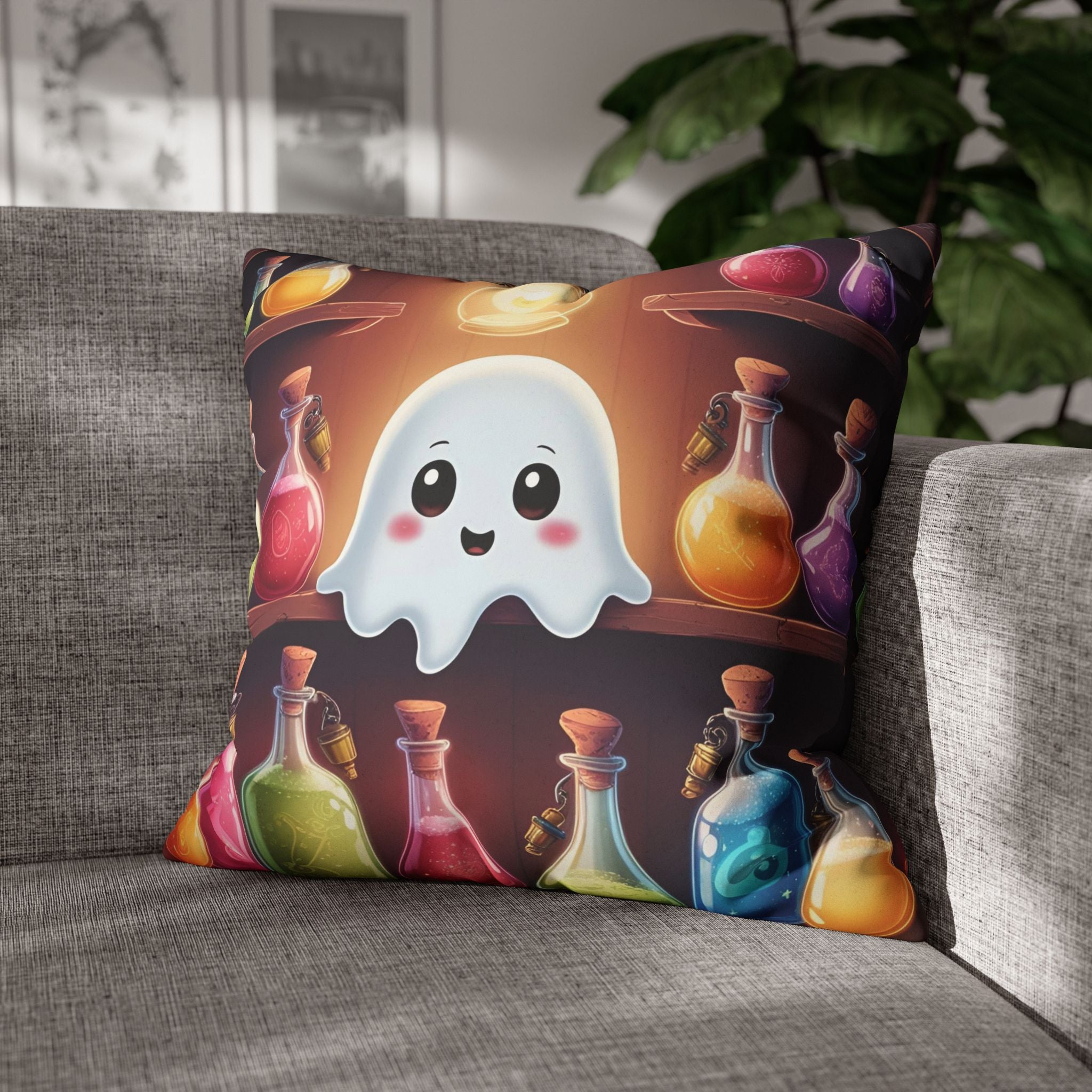 Apothecary Ghost Throw Pillow — Whimsigoth Potion Shelf Dark Home Decor