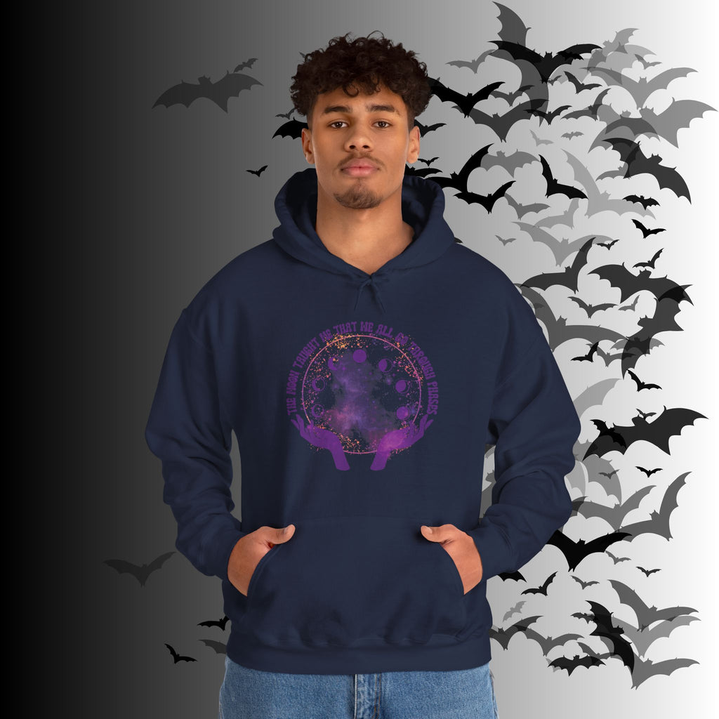 The Moon Taught Me We All Go Through Phases Hoodie — Witchy Moon Phase Pullover